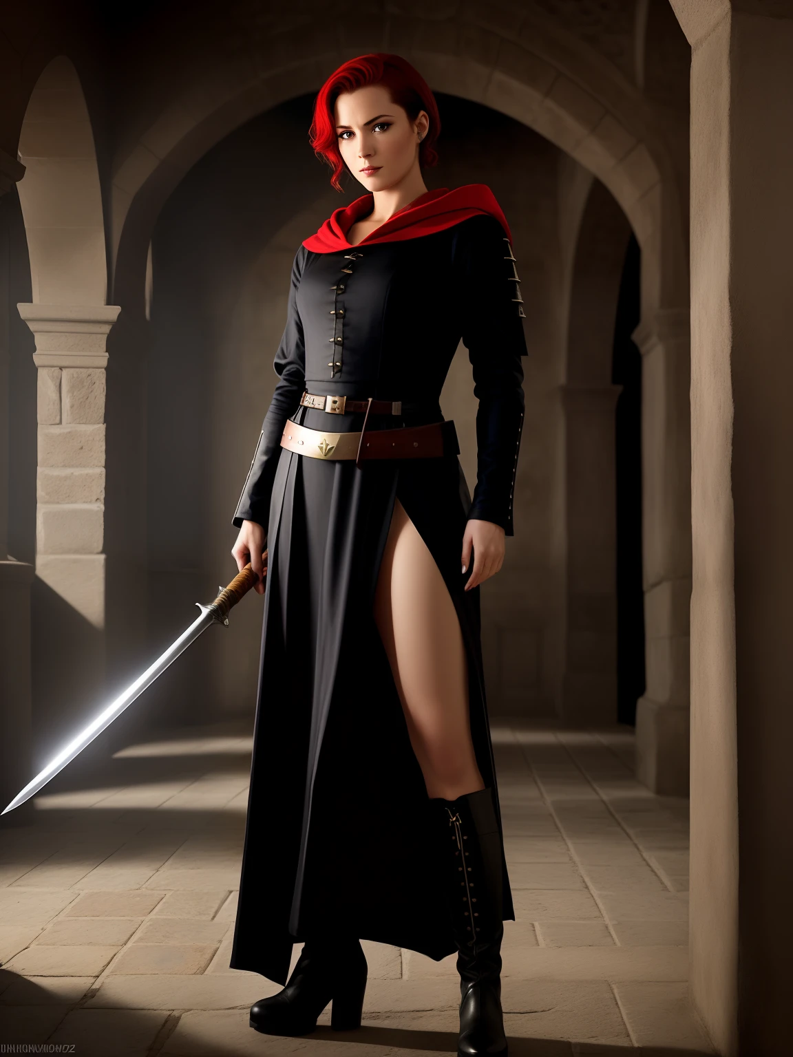 Dark Agnes de Chastillon, personagem feminina criada por Robert Ervin Howard, Woman with short hair trimmed to the shoulder,ruiva, olhos azuis penetrantes, beleza selvagem, Woman wearing men's clothes without losing her sensuality with long boots up to the thigh and a dark hooded robe , set in the sixteenth century,holding a sword in one hand going to the battlefield to face his enemies ,com destreza e coragem , little lighting, (detalhes intrincados), hdr, (detalhes intrincados, hiperdetalhado:1.2), Cinematographic shot, vinheta, centralizado
