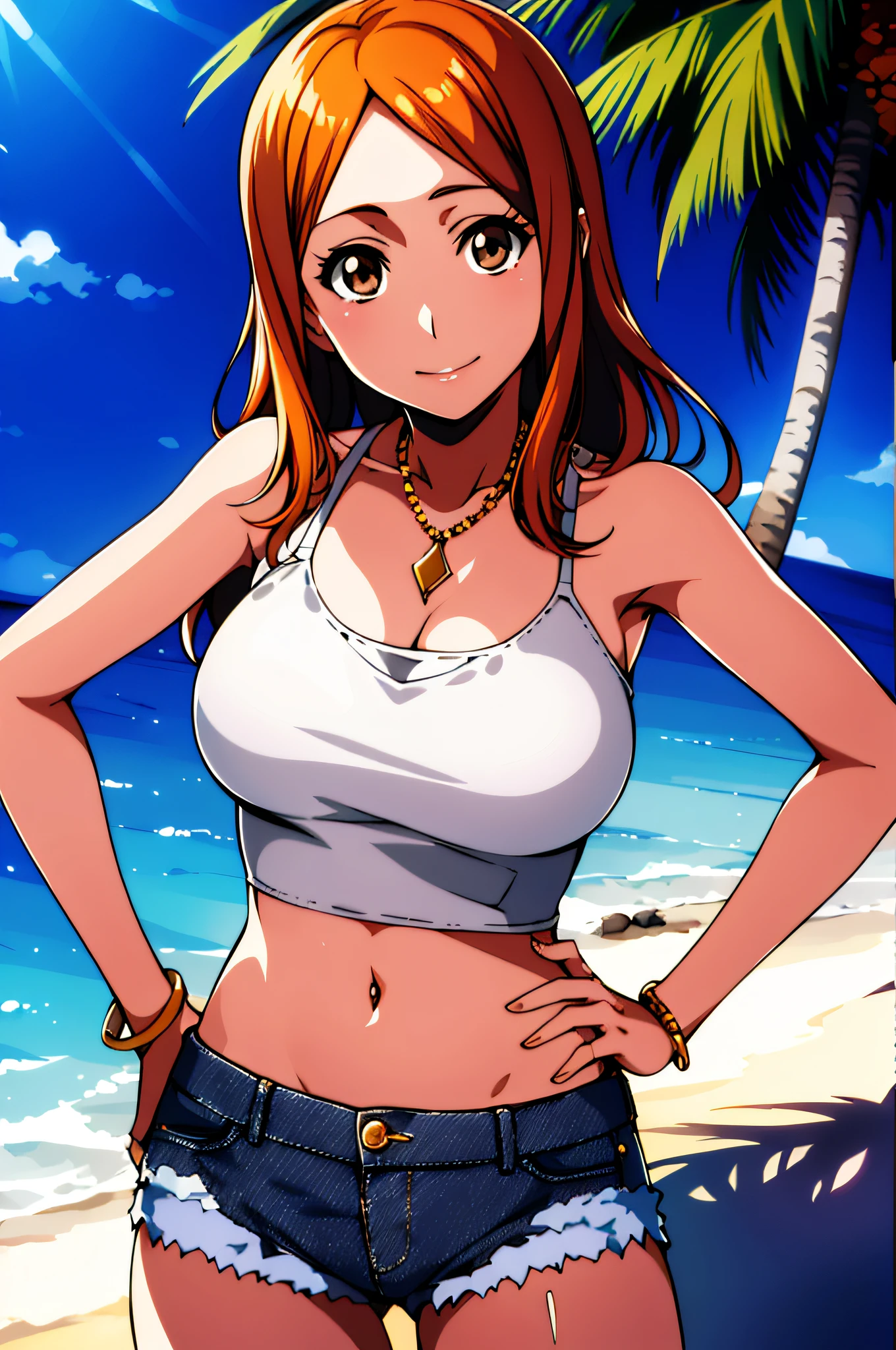 masterpiece, best quality, portrait of Orihime Inoue in her 20s, solo, brown eyes, gray crop top, denim shorts, jewelry, nice hands on hips, tropical beach background,