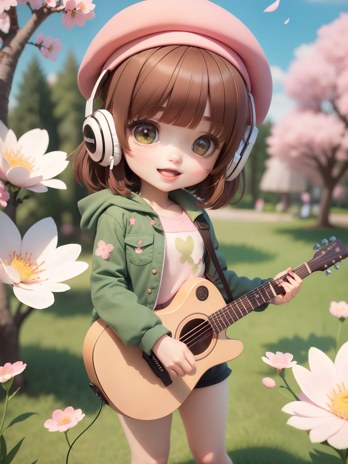 (masterpiece),(best quality),(ultra-detailed), (full body:1.2),
1girl,chibi,cute, smile, open mouth,
flower, outdoors, playing guitar, music, beret, holding guitar, jacket, blush, tree, :3, shirt, short hair, cherry blossoms, green headwear, blurry, brown hair, blush stickers, long sleeves, bangs, headphones, black hair, pink flower,
(beautiful detailed face), (beautiful detailed eyes),
