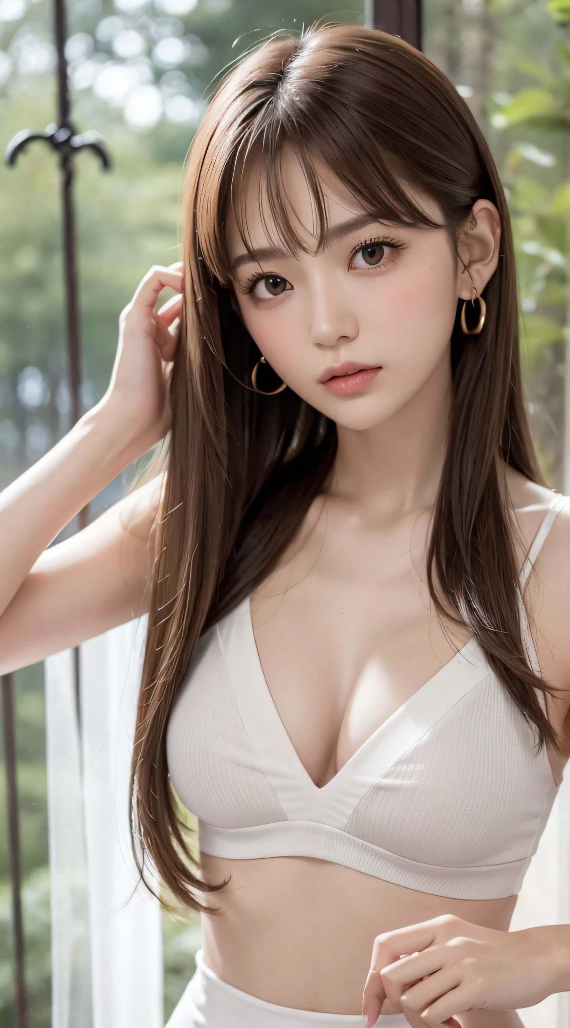 (Slim shoulder strap only, Super low cut top)( Very close view ) Front view , Visible even from the top of clothes (((Outdoor Paradise)))(Cover 1&#39;One on the chest&#39;hand of ,topless)，Flower head ornament, Petals fly in the sky ，A little pouty，Bare buttocks with exposed back，The transformation is revealed，Naked Women，Lift your butt，Separate the hands and feet，Camel Toe,(Crystal colorful lights),(Turkish Moroccan Color Mosaic Chandelier)，Princess Tiara for Adults，Soft Clouds，((|Cover with a scarf))
（（masterpiece））,（Realistic：1.2）,Highest quality,expensive、expensive品質,Absurd,Rich and colorful,wonderful art,Highest quality, Very detailedな,Beautiful details， Reflective hair,Good lighting, Ray Tracing， Depth of written border,Very detailedな,Awareness-raising,wonderful,The finer details,Very detailed， （（Very detailedな））， （Beautiful and meticulous girl）， Beautiful detailsの輝き， Intricate details， High resolution， Very sophisticated and beautiful,Beautiful and beautiful eyes， High resolution， Round eyes, Detailed facial features,（Round pupils：1.4） （Awareness-raising）,（Beautiful and delicate eyes）（Very detailedな顔））， Depth of written border,（Attractive face）(（smile：1.3）)， Smiling Lips， （Looking at the audience：1.1） close， Wide Wide Shot， Side body， photograph， Obscene pose ， Moody light， Sistine Phil Beldeff, smile，（（（masterpiece，Highest quality，High resolution）））），Extremely detailed 8K，beautiful girl with big breasts，（Hyper HD，Very detailedな，Attention to detail，expensiveリアルさ，超Realisticな，photographalism）,（1 girl：1.5）,（Realistic black hair），Short Curly Hair，Bob cuts his hair，（Dynamic posture），To the camera,浅いsmile,Open your lips，bright青い目，average ，
（Beautiful and elaborate face，Beautiful and delicate eyes），Sweaty legs,bright,（sunlight，sunlight）,（beautiful butt 0.5），Color backlight split, Cover your chest with just your hands，Hips Naked，Earrings，Pink sexy thread,（(Striped underwear、Black openwork underwear、Transparent embroidered tulle underwear set,Gold bracelet，pink Lace gloves)）Lace pantyhose、Lace gloves、Wedding Scarf、Pearl Necklace,（topless）(Very small panties)[Place your hands behind your head ]Only the genitals are covered,Mole under the eye, ((Gray Blue Hair，head bands，head band))，Sparkling crystal necklace