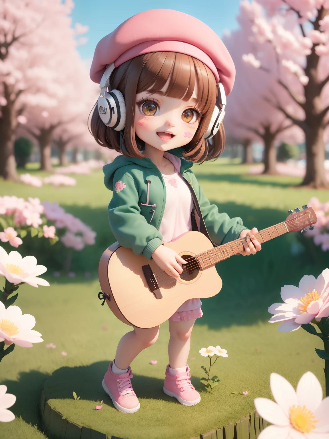 (masterpiece),(best quality),(ultra-detailed), (full body:1.2),
1girl,chibi,cute, smile, open mouth,
flower, outdoors, playing guitar, music, beret, holding guitar, jacket, blush, tree, :3, shirt, short hair, cherry blossoms, green headwear, blurry, brown hair, blush stickers, long sleeves, bangs, headphones, black hair, pink flower,
(beautiful detailed face), (beautiful detailed eyes),