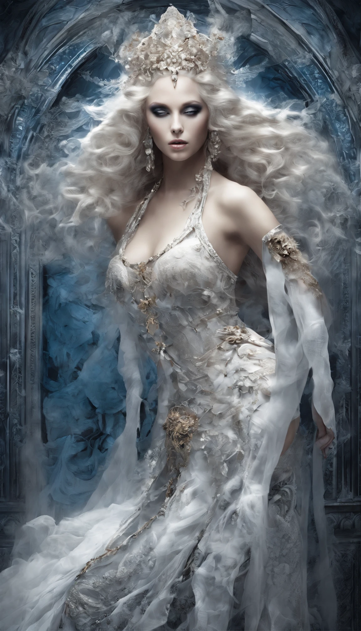 Art by Luciano Ventrone feat Marek Okon under influence of  Alberto Seveso inspired by Albrecht Dürer  , zbrush central contest winner, Photorealistic style full body portrait of embodiment of sensuality and desire, beautiful noble face, Caucasian blonde goddess of sin, gorgeous feminine figure, slim trained body, perfect breast, cubby lips, mystic background, fantasy transparent outfit by Jean Paul Gaultier feat Muccia Prada,  iced blue eyes, a lovely crystal embellished, goddess beautiful body, masterpiece, transparent,(stance:1.1),dramatic lighting