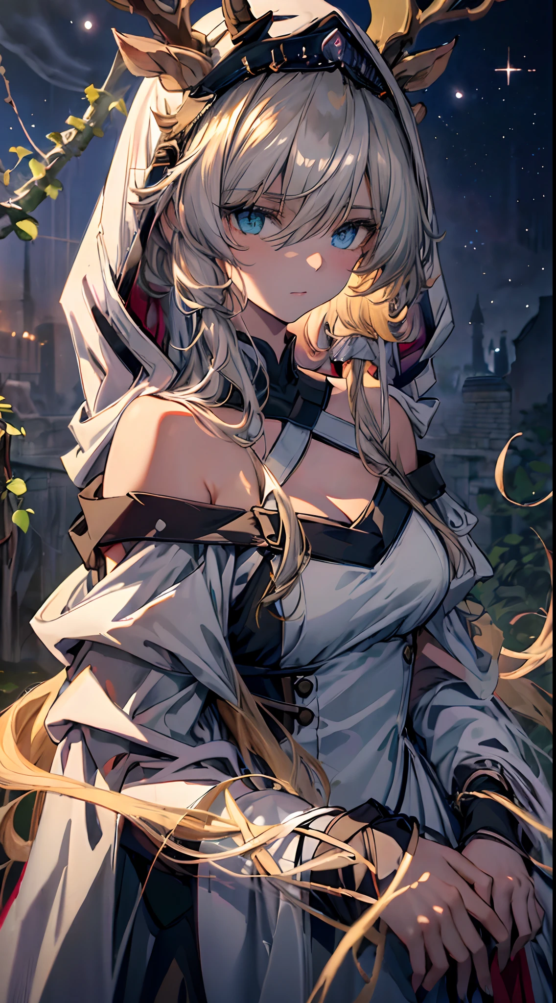 (((masterpiece))),(incredibly_absurdres),(best quality),(highres),(highly detailed),((CG unity 8k wallpaper)),(coldcolor),(watercolor),(an extremely delicate and beautiful lady),(20s),((domineering lady)),(delicate face),(beautiful detailed eyes),((heterochromia_red_blue)),(long_eyelashes),silver_hair,(small_breast),(disheveled hair),long hair,hair between eyes,(tiara),(black_evening_dress),(off_shoulder),(long sleeves),(sleeves past wrists),(golden decorations),elegant,((melancholy)),(looking at viewer),upper body,focus on face,((close up)),((delicate beautiful sky with cirrocumulus)),(dark sky),(stars),(cloudy),(cirrocumulus),((stone ruins)),((vines)),((Ivy)),(blue roses),(thick fog),(detailed background),(dynamic angle),((ray)),(ray tracing),toplight,(cinematic light),(Light reflection),(refined rendering),((Tyndall effect)),(depth of field),aaaaaaaaaax