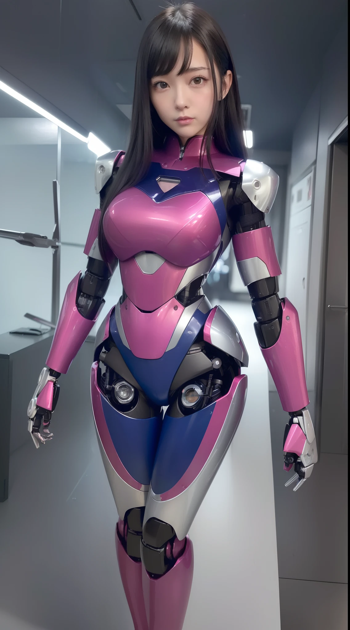 (Photorealsitic:1.4)、one girl、(top-quality)、(hyperdetailed face)、(Super well-formed face)、((Robot Parts))、(Female-Robot)、(25 years-old)、(Blue)、(pink there)、(Burgundy)、(metallic)、(full-body)、(sexy  pose)、(Slender body)、(Model body type)、(full body mech)、(mechanical exposure)、(Akihabara)、(is looking at the camera)、(A dark-haired)、(Well-proportioned lady)、(a small face)、(Idol)、(front facing)、(Standing with legs open)、(Hands on hips)、(Photo session)、(Looks sad)、(perfect-female-robot)