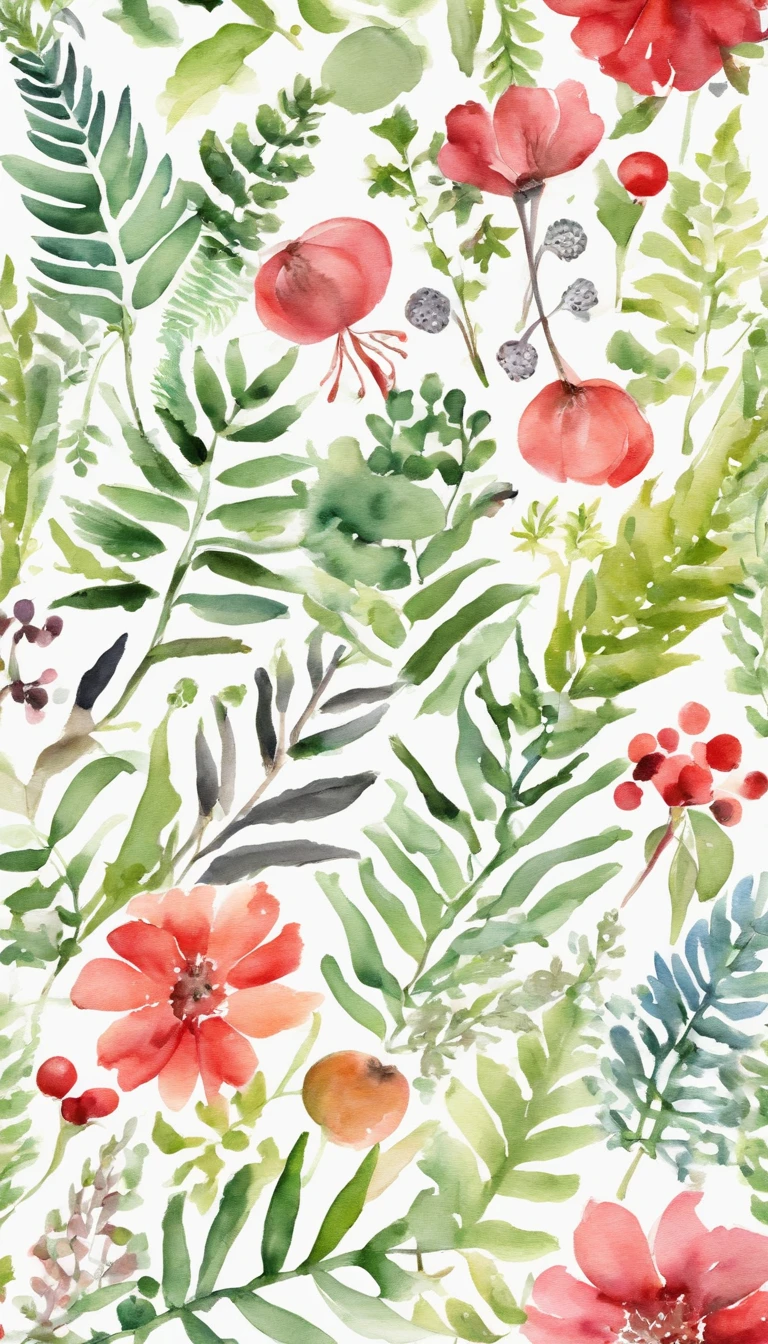 Watercolor pattern of beautiful flowers, berries, ferns, Leaves, Quadripartite continuous pattern，Calm colors in #3b4195 color background. Watercolor paper texture.