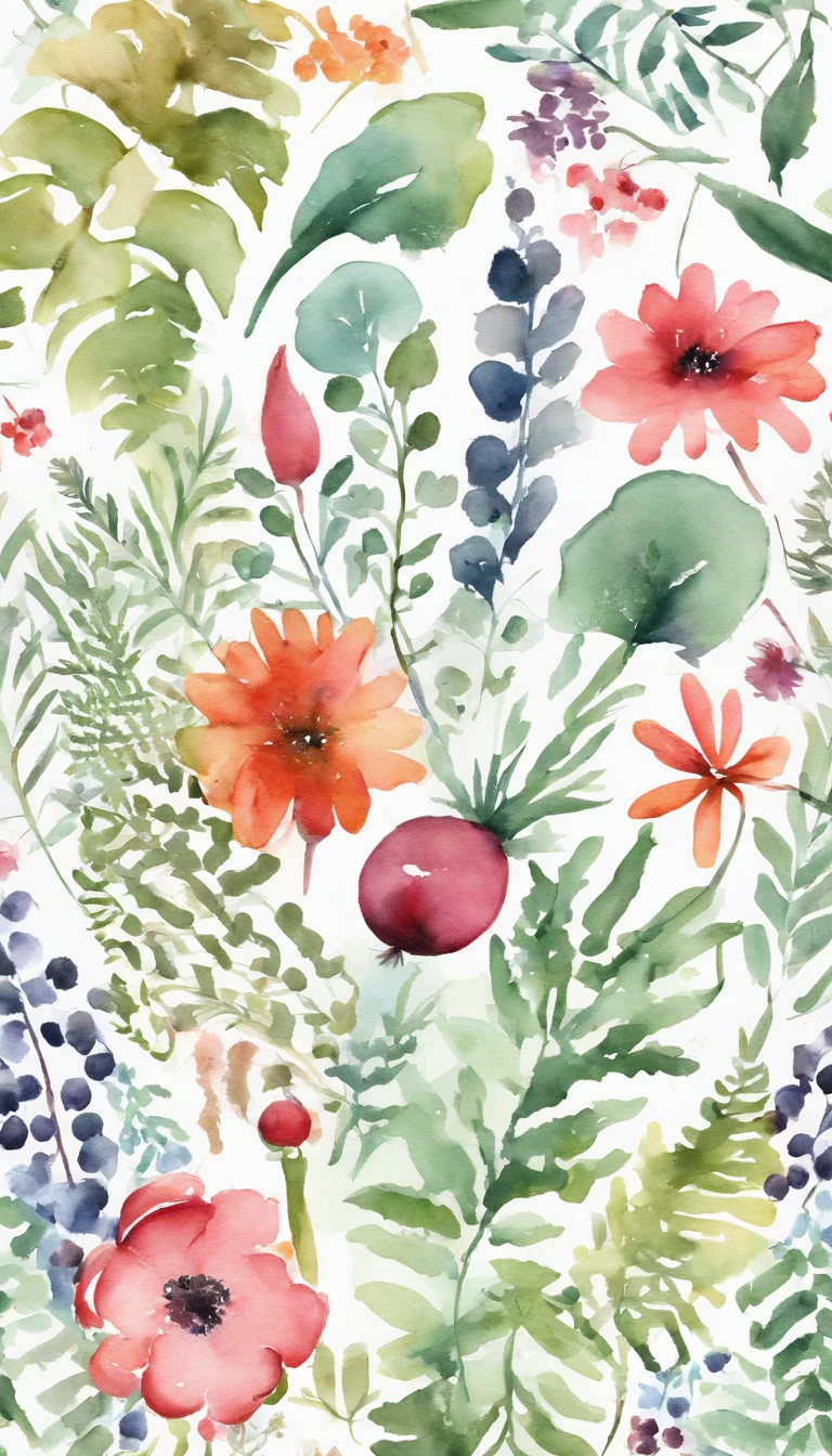Watercolor pattern of beautiful flowers, berries, ferns, Leaves, Quadripartite continuous pattern,Calm colors in #3b4195 color background. Watercolor paper texture.