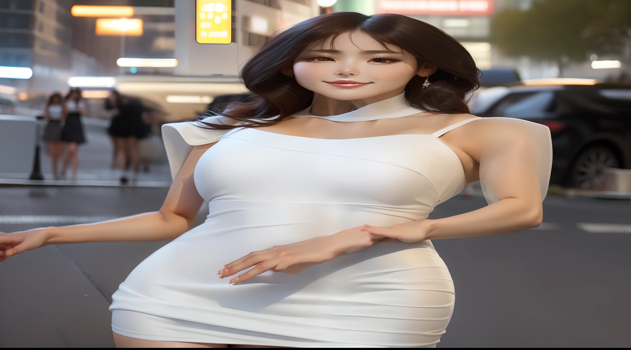 araffe woman in white dress walking down a street at night, wearing white dress, white dress, wearing an elegant dress, photo of slim girl model, gorgeous young korean woman, smooth white tight clothes suit, korean women's fashion model, wearing a white dress, woman in dress, tight dress, wearing a cute white dress, long white dress, wearing along white dress