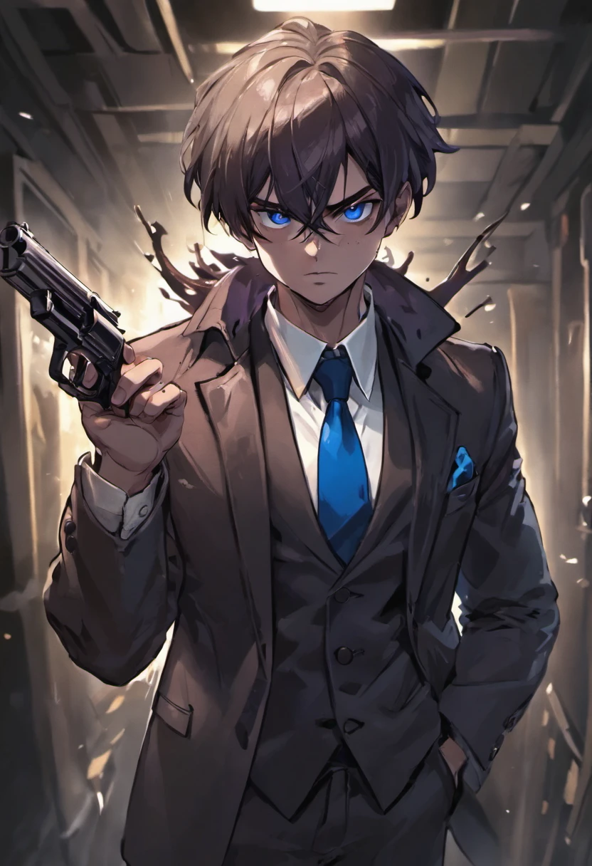 (best quality, Realistic), homem forte e robusto de vinte e poucos anos, cabelos grisalhos e olhos azuis, vestindo um terno branco. Ele tem um amadurecimento, look confidently on his face as he holds a gun in his hand. The man is in a dimly lit room with a sense of anticipation. Os detalhes de seu rosto, Hair, and suit are extremely detailed, showing the high resolution of the image. The lighting in the room is dramatic, with shadows enhancing the mysterious atmosphere. The overall color tone of the image is cool, com um toque de azul, creating a sense of intrigue.