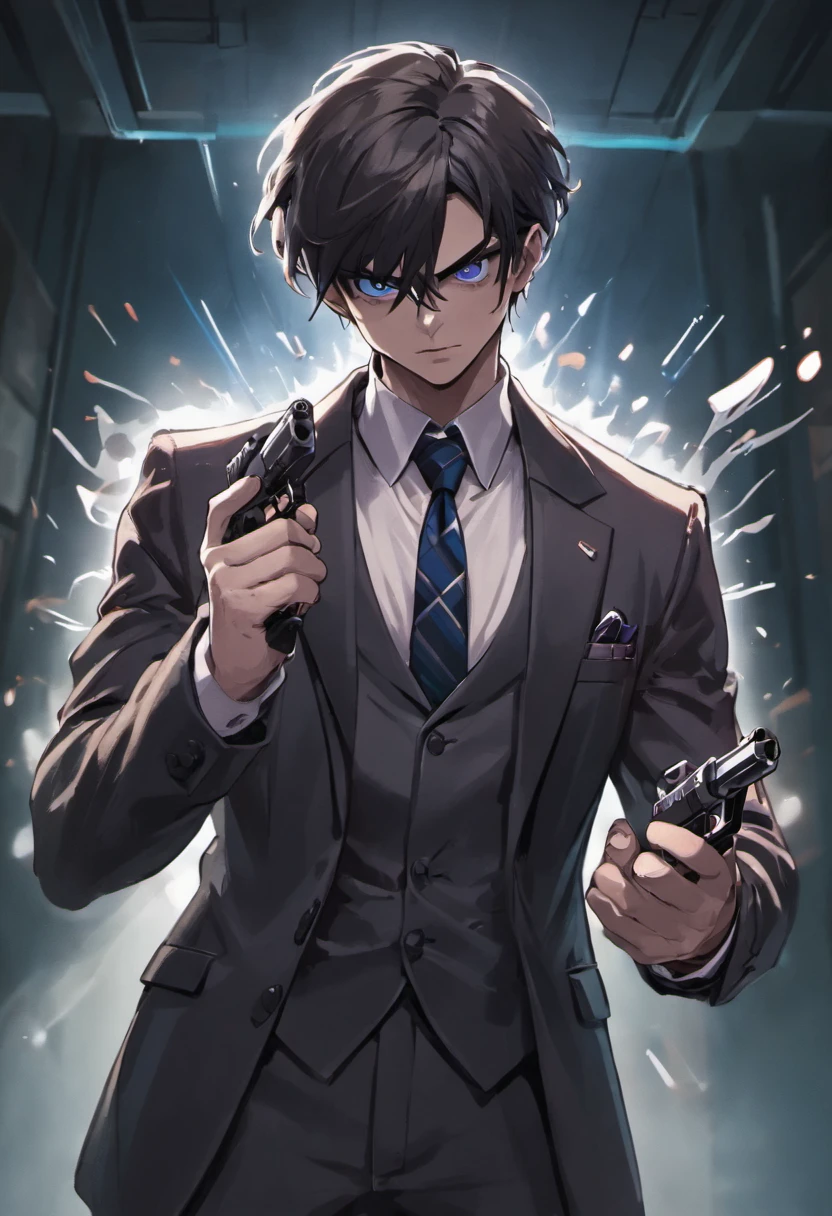 (best quality, Realistic), homem forte e robusto de vinte e poucos anos, cabelos grisalhos e olhos azuis, vestindo um terno branco. Ele tem um amadurecimento, look confidently on his face as he holds a gun in his hand. The man is in a dimly lit room with a sense of anticipation. Os detalhes de seu rosto, Hair, and suit are extremely detailed, showing the high resolution of the image. The lighting in the room is dramatic, with shadows enhancing the mysterious atmosphere. The overall color tone of the image is cool, com um toque de azul, creating a sense of intrigue.