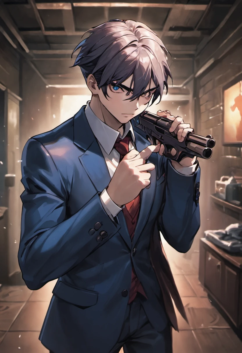 (best quality, Realistic), homem forte e robusto de vinte e poucos anos, cabelos grisalhos e olhos azuis, vestindo um terno branco. Ele tem um amadurecimento, look confidently on his face as he holds a gun in his hand. The man is in a dimly lit room with a sense of anticipation. Os detalhes de seu rosto, Hair, and suit are extremely detailed, showing the high resolution of the image. The lighting in the room is dramatic, with shadows enhancing the mysterious atmosphere. The overall color tone of the image is cool, com um toque de azul, creating a sense of intrigue.