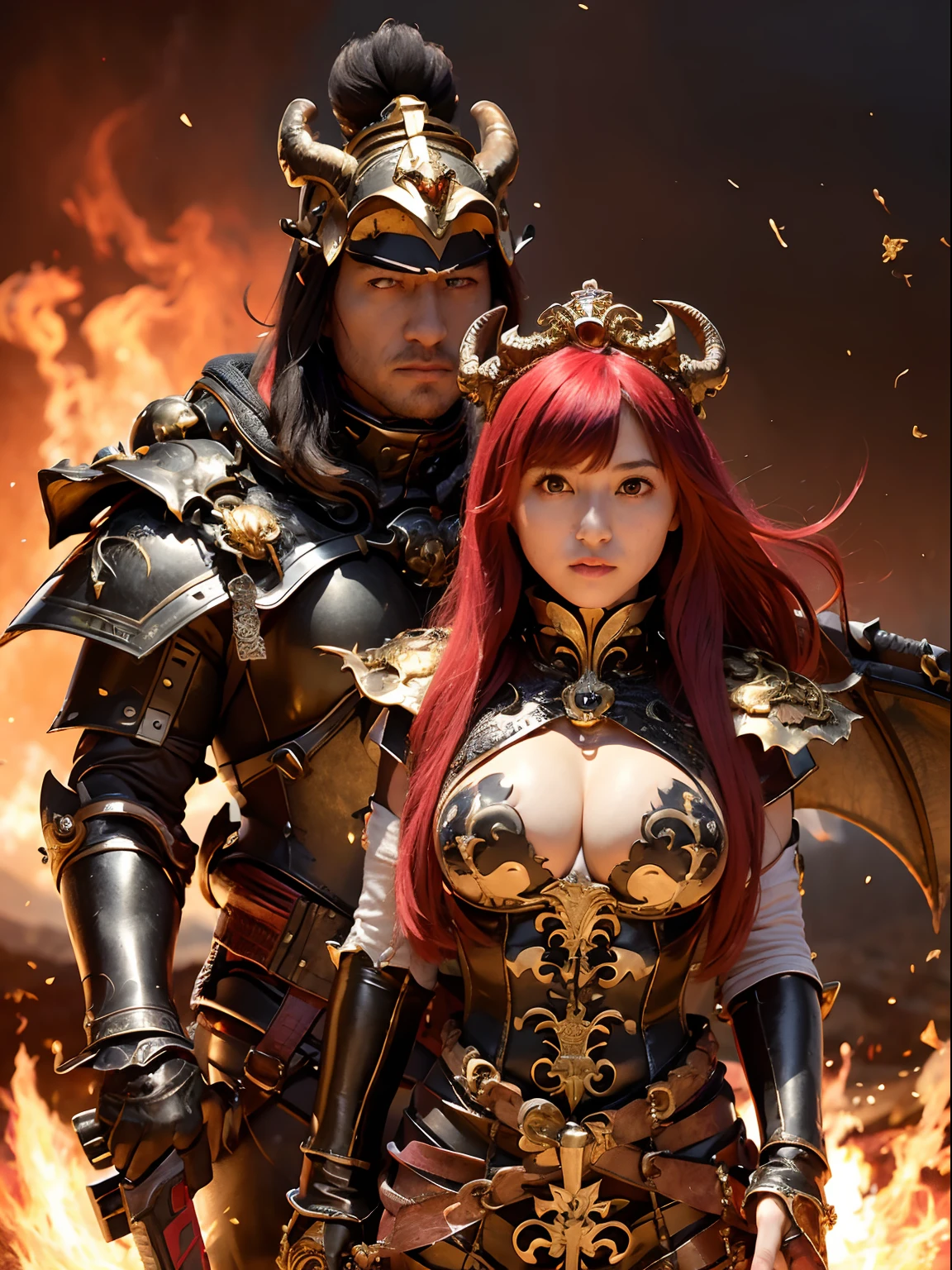 (masutepiece), Professional , ​masterpiece、top-quality、photos realistic , depth of fields 、（Dragon Black Metal Body:1.4),(Matte Black、（cleavage of the breast）、Dragon Gold Weapon（Gold Dragon Metal Body:1.４),Gorgeous gold weapons ,（demonic wings）、Fight against a group of skeleton soldiers、（（ Dragon's dense and gorgeous sword）） , （demonic wings） ,Detail and gorgeous crown、（（Red hair））、（Castle background）、（（Gangle's forest background））、Beautiful Caucasian beauty、１a person、dynamic ungle,(((Detailed and ornate dragon helmet)))、Smaller head、A smile、Castle background、Thin and beautiful female hands、cleavage of the breast、Soldier in iron armor on background、Mystical expression、Light Effects、intense fighting、Wind-effect、magic circles、With the legendary magic wand、Dragon's tail、Long straight hair、