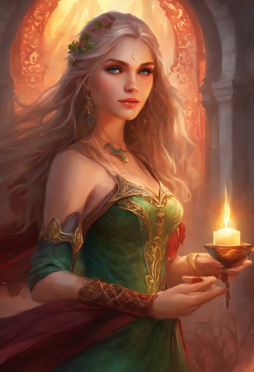 (((a deep reddish wound crosses her left cheek))) fair complexion, woman around 19 years old, natural white hair, distinctive green eyes, wearing kohl, slender and graceful, beautiful, candlelight in a medieval setting, ultra sharp focus, realistic shot, medieval female clothes, tetradic colors (scar:1.4)