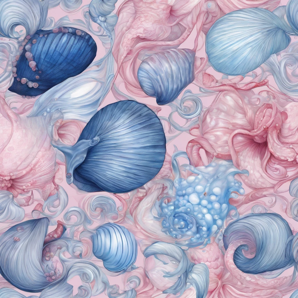 Fun seamless pattern seashells, starfish, sea star tentacle, jellyfish, jellys tentacle, beach, sand, gold swirls and blue twirls pink pearls scattered diamonds fairytale illustration by Esao Andrews, pink glitter swirls and blue twirls under the sea, insanely detailed, Seamless pattern, breathtaking beauty, pure perfection, divine presence, unforgettable, impressive, breathtaking beauty, highly detailed, extremely detailed, delicate detail, crisp quality, ultra realistic, hyperrealistic, award jenny saville, edward hopper, surrealism,