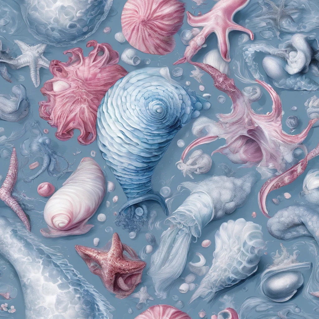 Fun seamless pattern seashells, starfish, sea star tentacle, jellyfish, jellys tentacle, beach, sand, gold swirls and blue twirls pink pearls scattered diamonds fairytale illustration by Esao Andrews, pink glitter swirls and blue twirls under the sea, insanely detailed, Seamless pattern, breathtaking beauty, pure perfection, divine presence, unforgettable, impressive, breathtaking beauty, highly detailed, extremely detailed, delicate detail, crisp quality, ultra realistic, hyperrealistic, award jenny saville, edward hopper, surrealism,