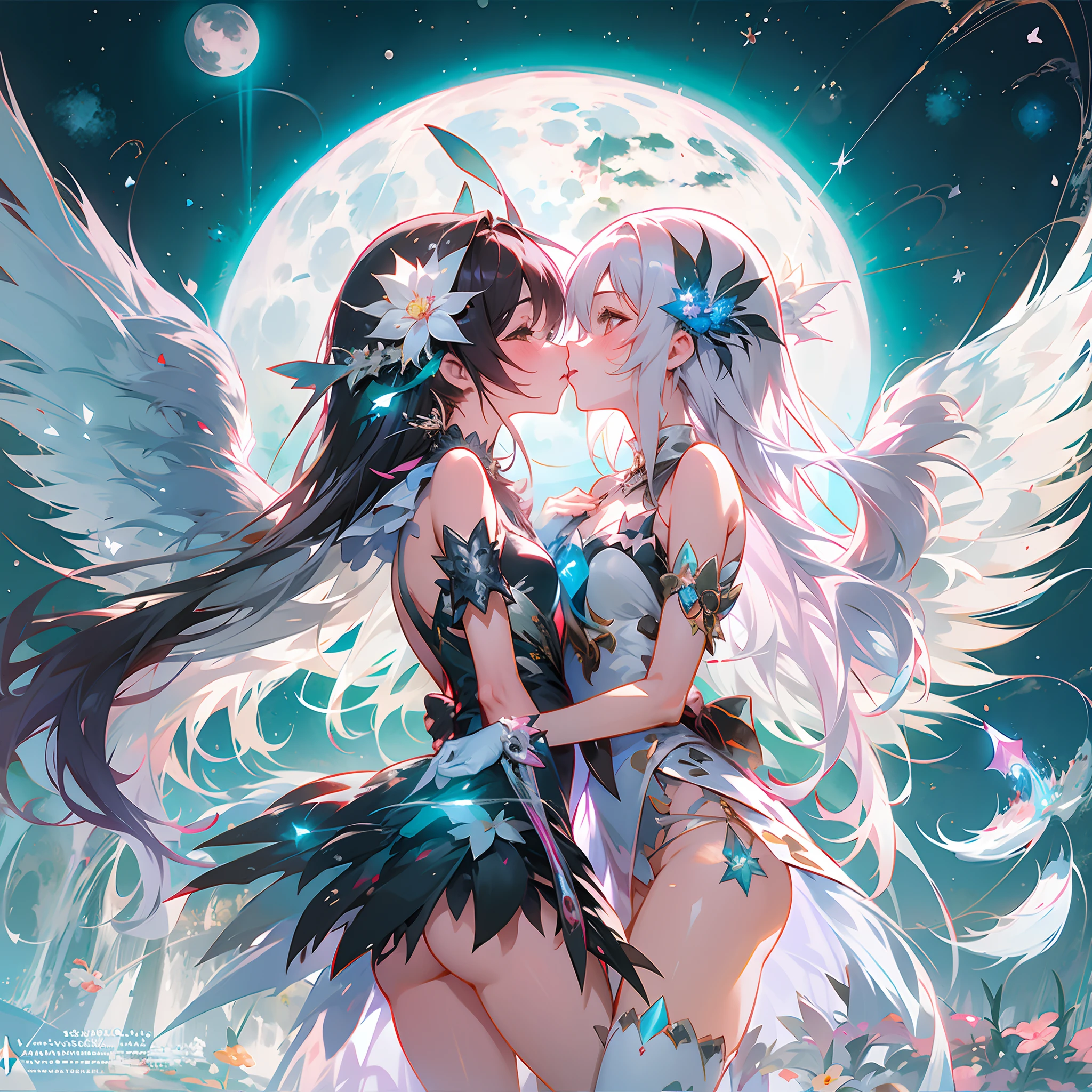 Anime – style image of two women kissing in front of the full moon, wlop and sakimichan, guweiz on pixiv artstation, beautiful fantasy anime, Trending on CGSTATION, guweiz on artstation pixiv, Trending on ArtStation pixiv, two beautiful anime girls, kawacy, 8k high quality detailed art, Beautiful anime