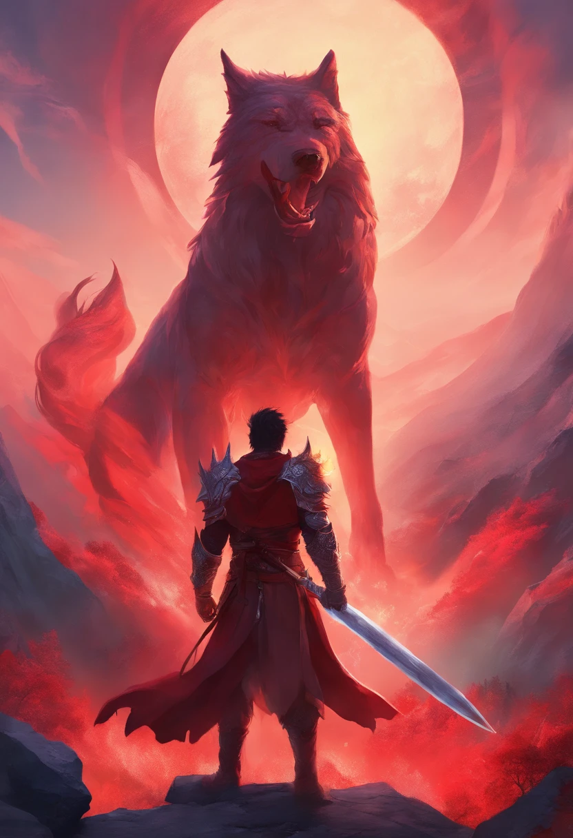 a man with a sword in his hand looks at a giant wolf beast, the sword emits red smoke, mountains, the man raises the sword in the air