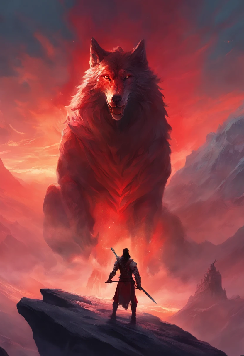 a man with a sword in his hand looks at a giant wolf beast, the sword emits red smoke, mountains, the man raises the sword in the air