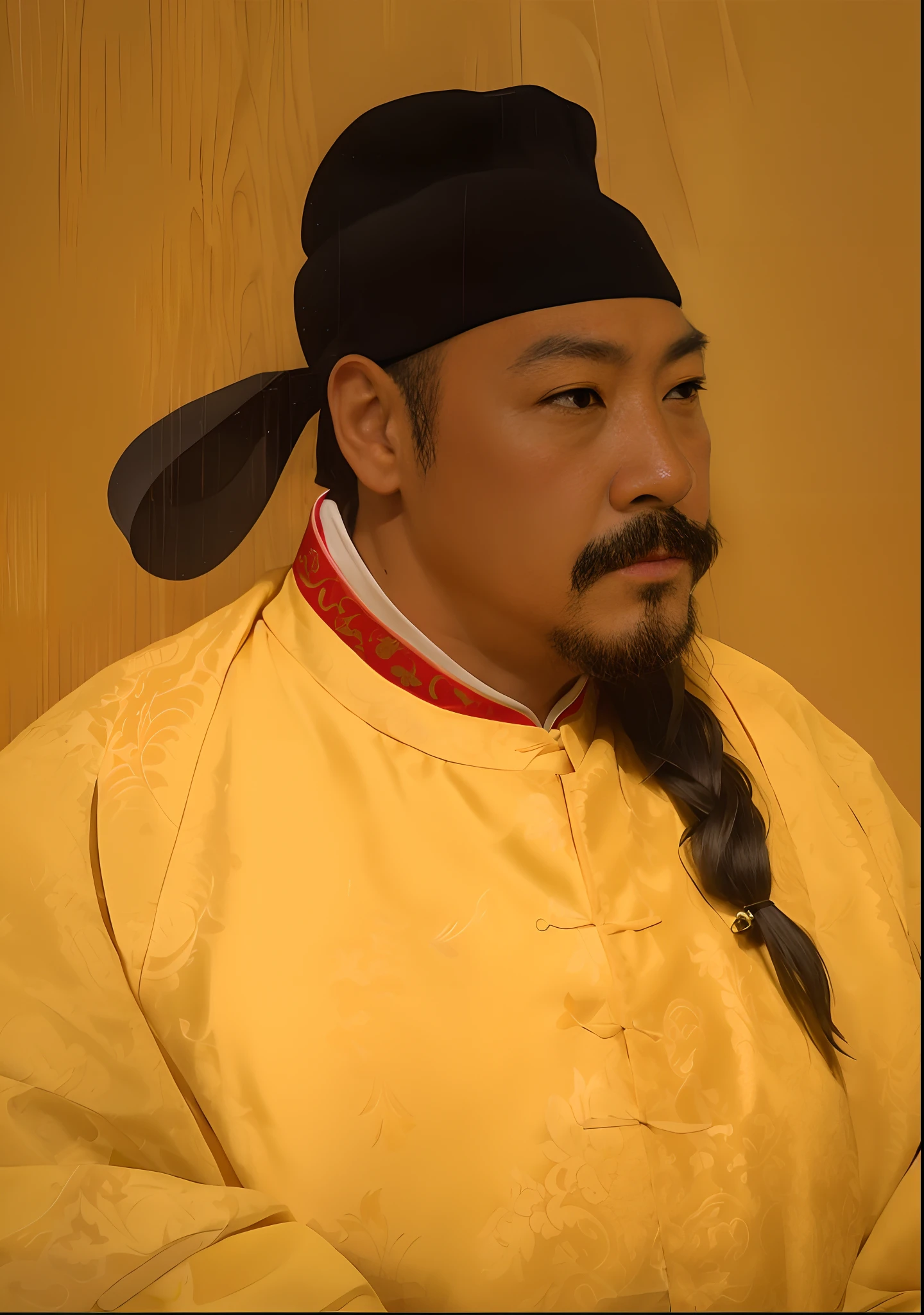 A male,Emperor of the Tang Dynasty,With a black crown(Focused)A symbol of status,Wears a yellow pattern(ultra - detailed)Patterned color dragon robe,The face is rounded,Very long beard(realistic detail),Look ahead,Solemn。,best qualityer,tmasterpiece,delicated,超高分辨率,highly detailed,perfect detail,finely detailled,8K分辨率,symmetriced face,Realistic photos,realistic model,RAW photo1.4,photorealistic art,HDR