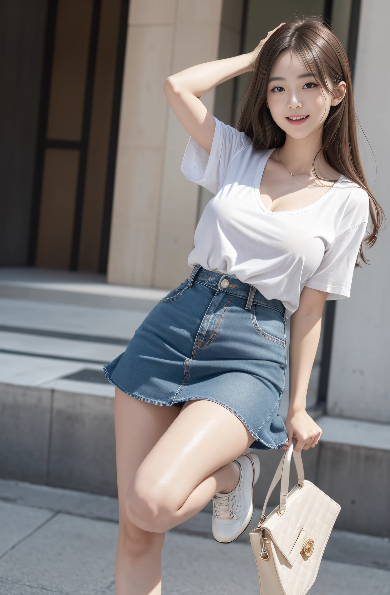 (in 8K、Raw photography、Highest Quality、realisitic、Photorealsitic、Professional Lighting、masterpiece、extremely delicate and beautiful、Highly detailed、finely detail、ultra-detailliert、hight resolution、beautiful and detailed face、Textured skin、full-shot:2、low angles:1.5)、2girls、beautiful model、Spread your legs wide、Smile full of happiness、(((:1.3)))、Panting face、Lacking、After being attacked、Sweating、Expression in a state of excitement、((Legs wide open:1.3))Crab crotch、美丽的面容:1.5、Small T-shirt、Colossal tits、爆乳、You can see the chest、Denim skirt、Flip the skirt、Long body、25-years old、In the street、You can see the chest、white shirt、Colossal tits、爆乳、long skirt、Brown hair、high-heels