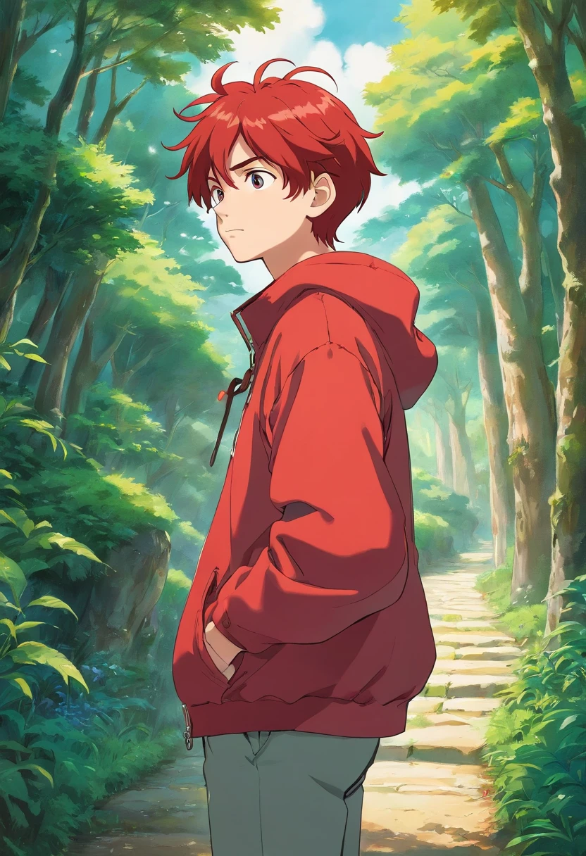 Red hair teen boy whit red jacket