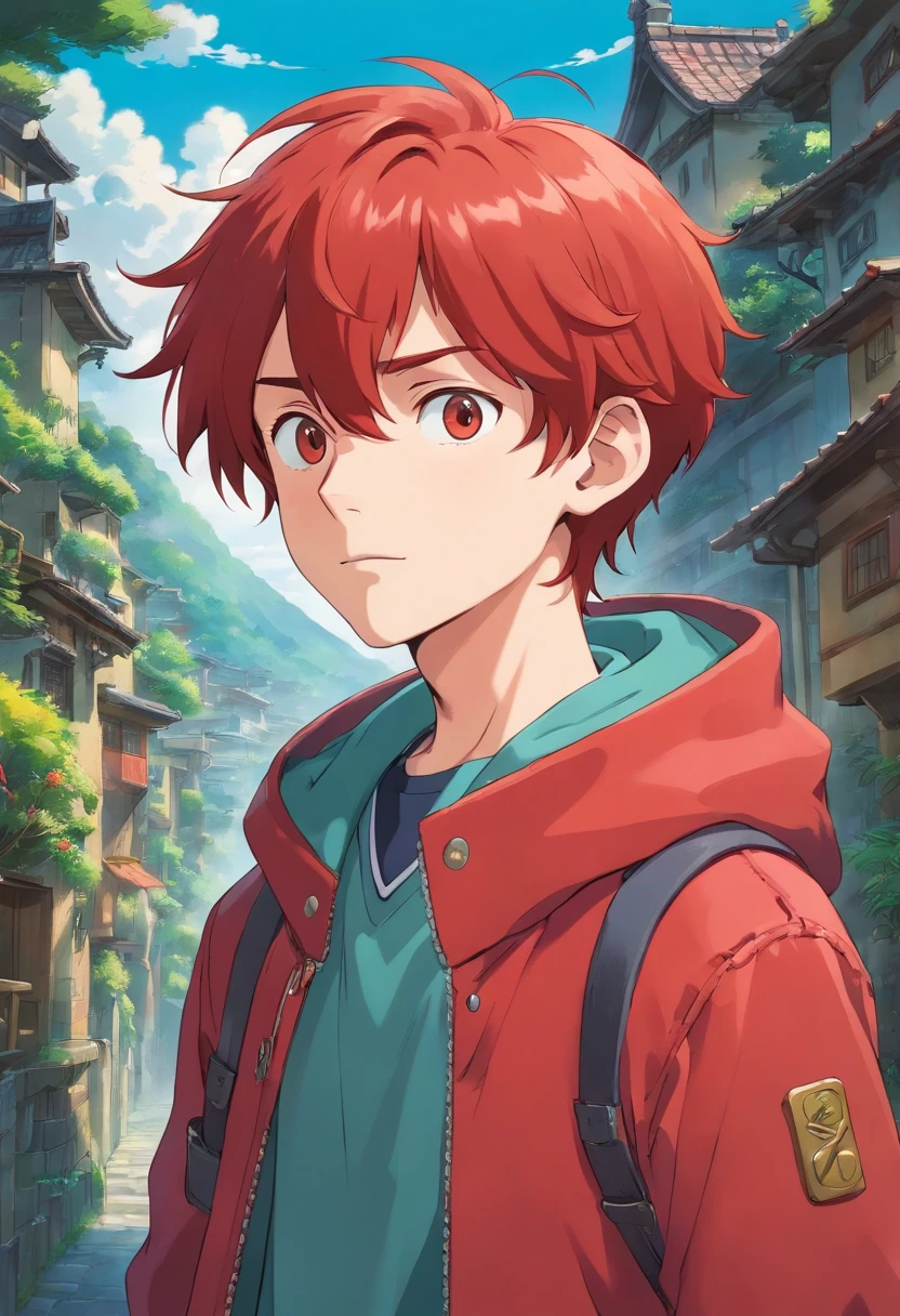 Red hair teen boy whit red jacket