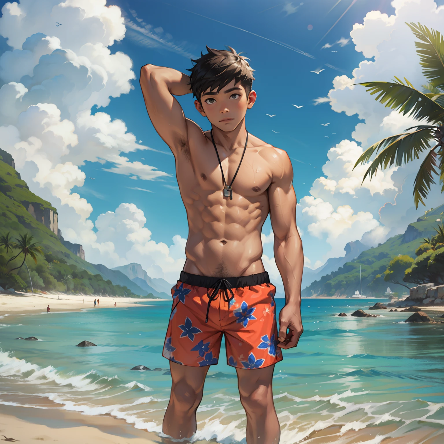 A boy in swimming trunks,beachside