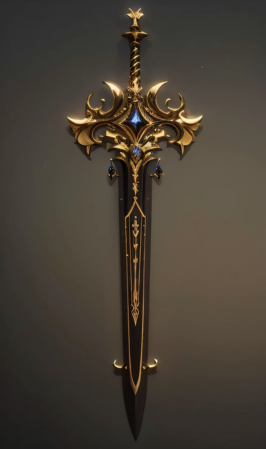 um close up de uma espada com um design dourado e preto, arma de fantasia, epic fantasy weapon art, design de espada, intricate fantasy spear, war blade weapon, espada de fantasia,  Espada de fantasia de guerreiro, espada enorme, espada bonita, espada grande, Espada de Ouro, design de armas, arte da arma do RPG de fantasia,, photografia profissional,(obra prima)(Ultra realista),(Ultra Dealhado),(melhor qualidade),(Ultra Detalhado),(simetria perfeita:1.3).