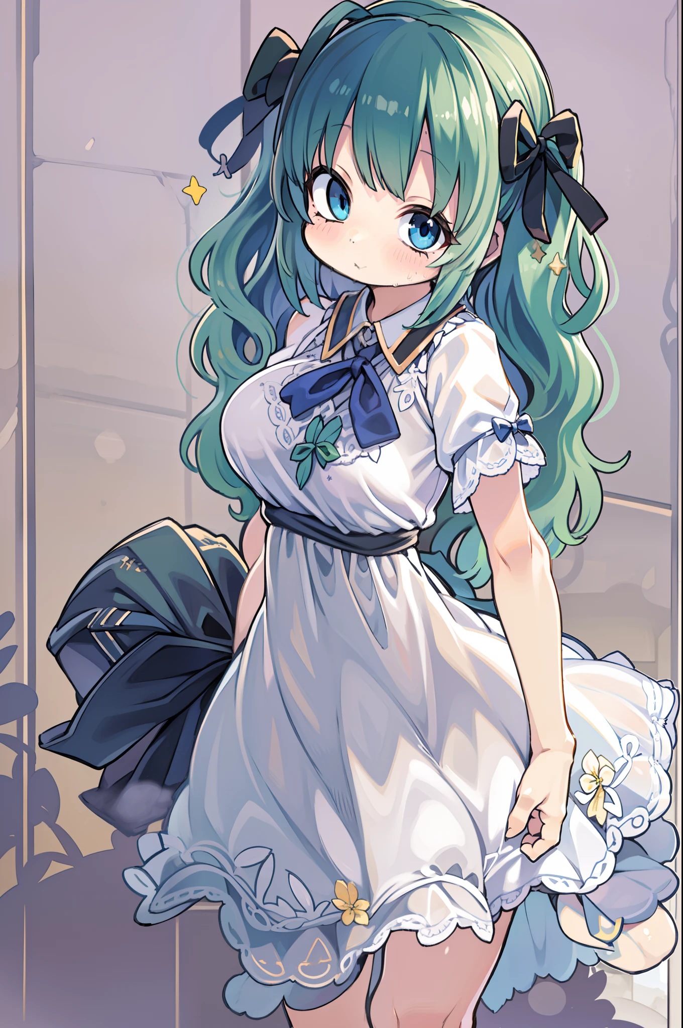 innocence, Dark green hair, Twin-tailed, arms behind back, White Dress, Black waist tie, girl with,Blue eyes,