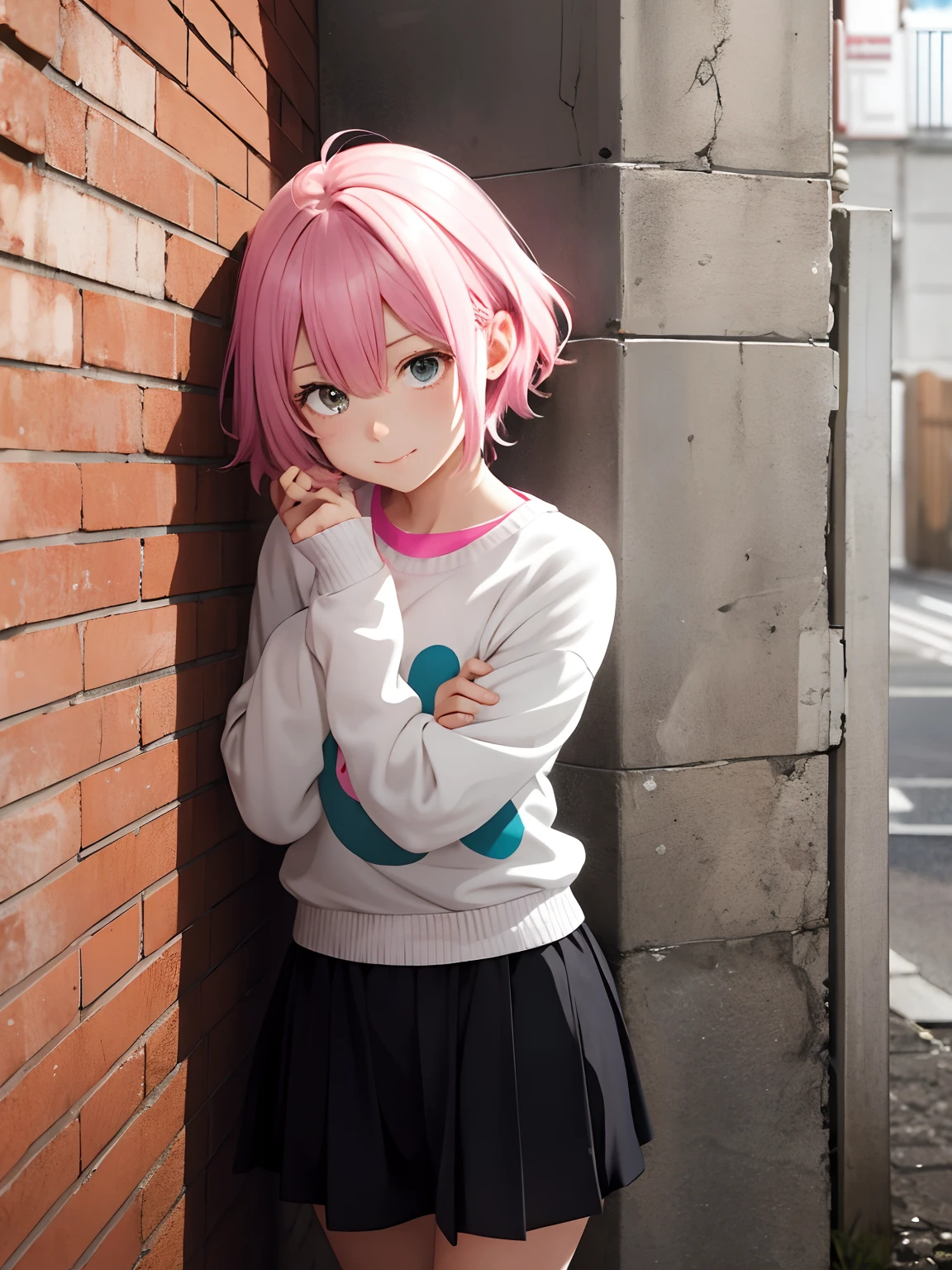 Super cute girl with pink hair forced into a corner with a shy expression