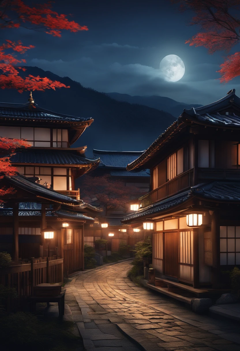 Japan village scene during the night with no people , clean white background, professional vector, full shot, 8K resolution, deep impression illustration