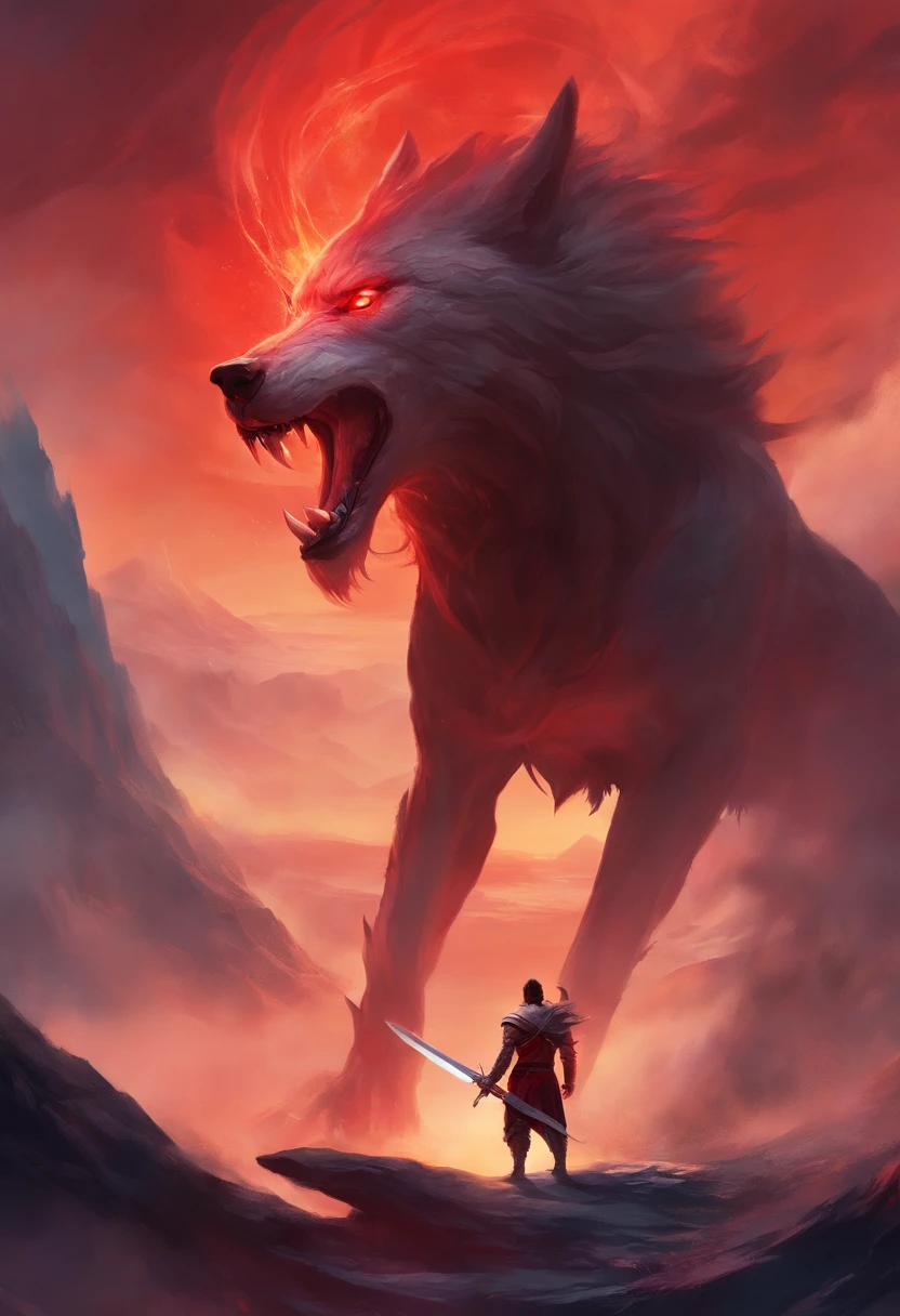a man with a sword in his hand looks at a giant wolf beast, the sword emits red smoke, mountains