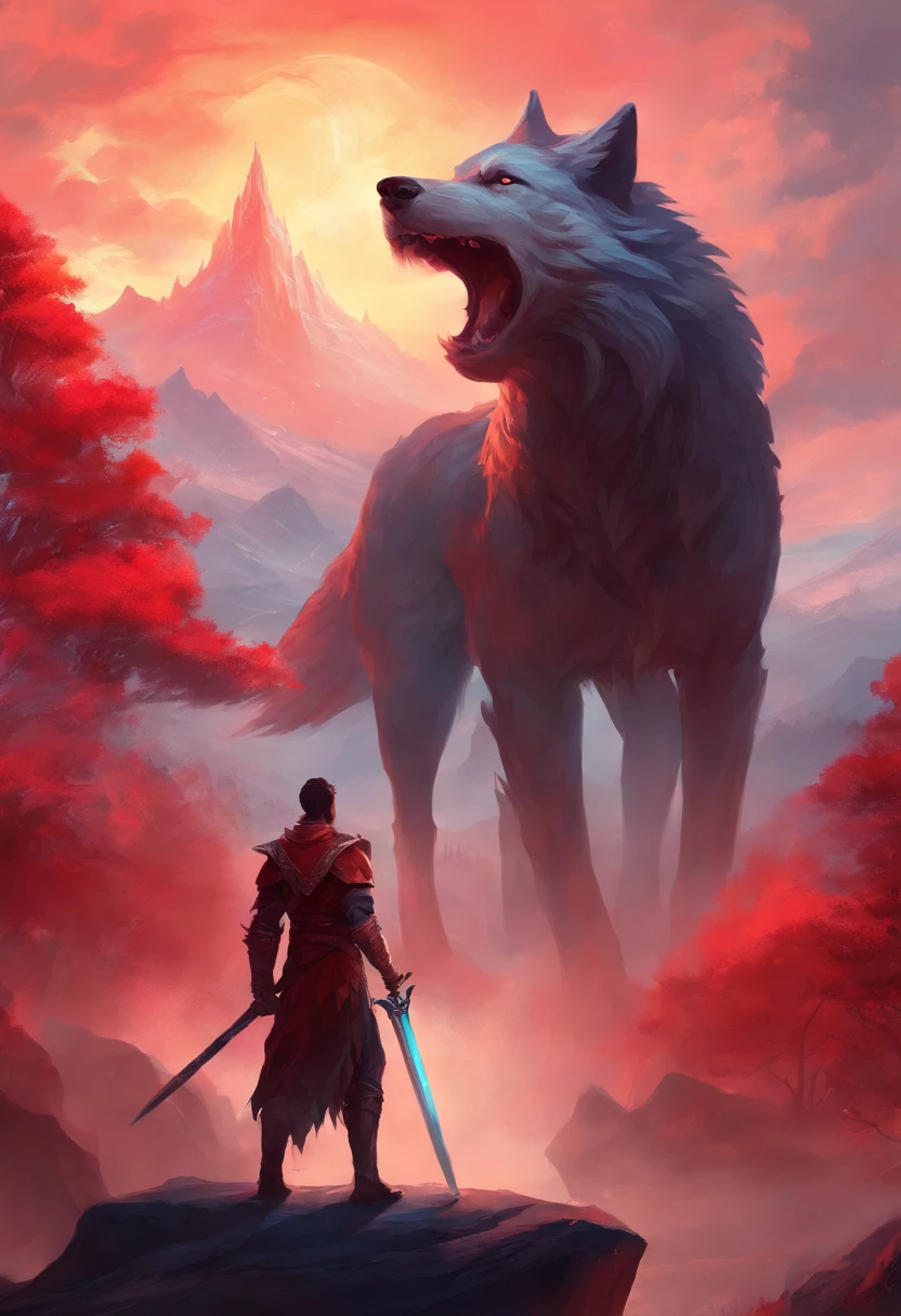 a man with a sword in his hand looks at a giant wolf beast, the sword emits red smoke, mountains
