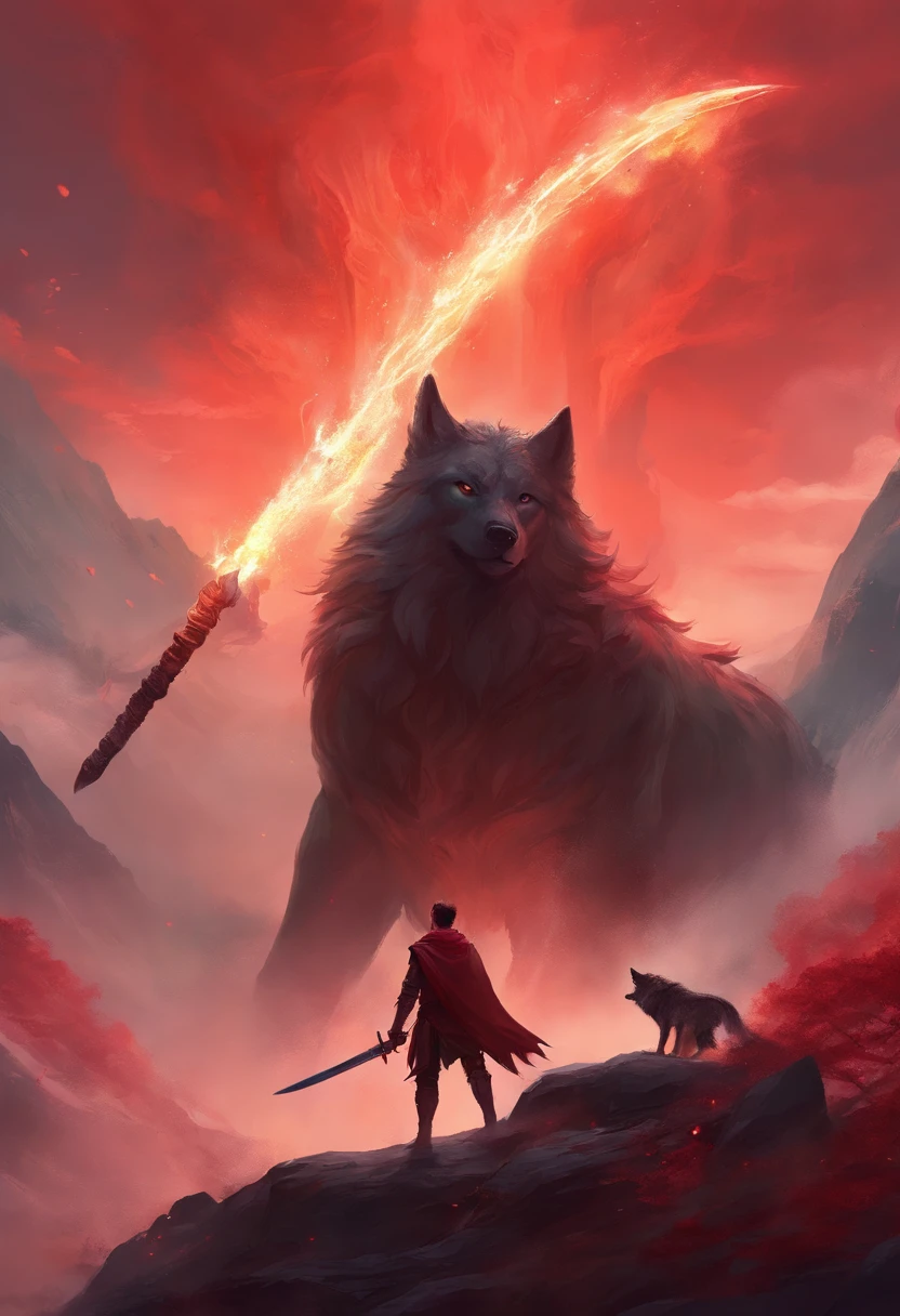 a man with a sword in his hand looks at a giant wolf beast, the sword emits red smoke, mountains
