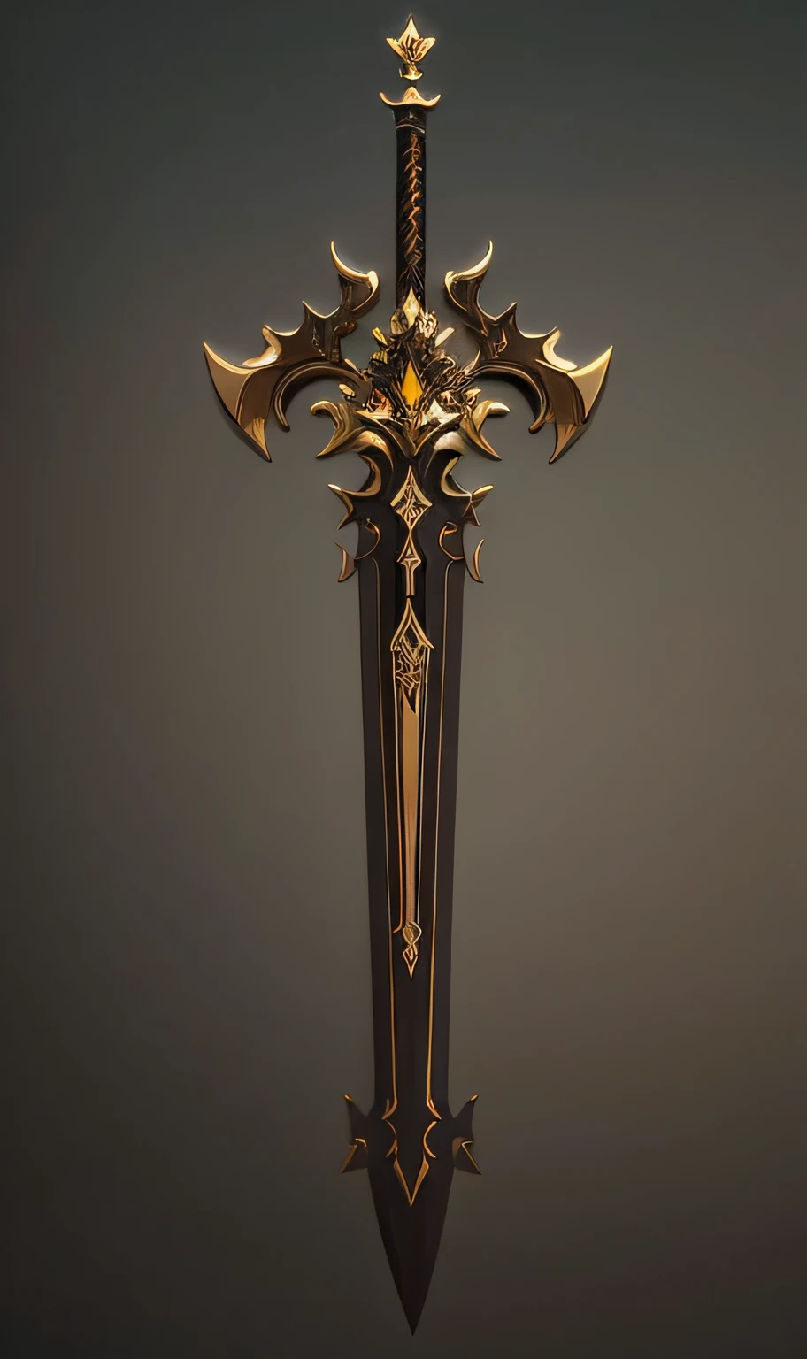 um close up de uma espada com um design dourado e preto, arma de fantasia, epic fantasy weapon art, design de espada, intricate fantasy spear, war blade weapon, espada de fantasia, Espada de fantasia de guerreiro, espada enorme, espada bonita, espada grande, Espada de Ouro, design de armas, arte da arma do RPG de fantasia,, photografia profissional,(obra prima)(Ultra realista),(Ultra Dealhado),(melhor qualidade),(Ultra Detalhado),(simetria perfeita:1.3).