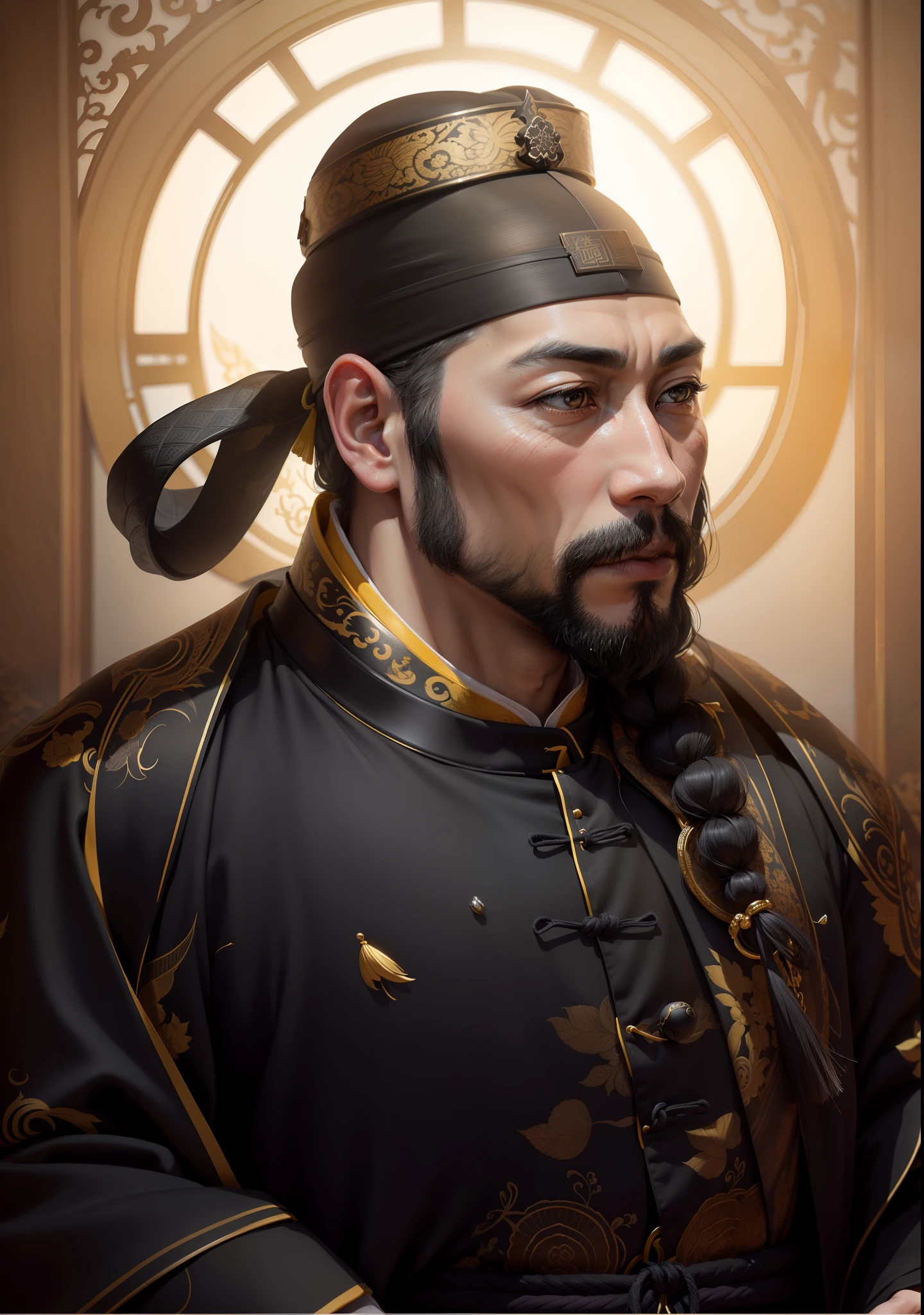 A male,Emperor of the Tang Dynasty,With black crown(Focused)A symbol of status,Wear a yellow pattern(ultra - detailed)Patterned colorful dragon robe,The face is rounded,Very long beard(Beautiful details),Look ahead,Solemn。,best qualityer,tmasterpiece,delicated,超高分辨率,highly detailed,beautifuldetails,finely detailled,8K分辨率,symmetriced face,Realistic photos,realistic model,RAW photo1.4,photorealistic art,hdr