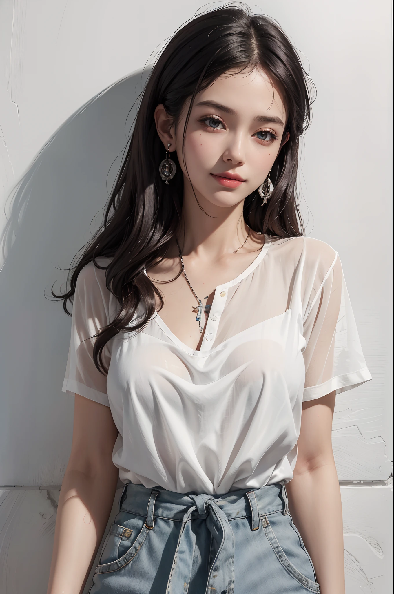 (masterpiece) , ((best quality)), (( 8k wallpaper)), ((ultra high resolution)), good composition, (ultra-detailed), illustration, beautiful art, artistic, realistic, beautiful, good art, scenery, cinematic, detailed skin, (oily skin), glossy skin, fine skin, (beautiful hair), (beautiful eyes), (perfect anatomy), (correct limb), (realistic), hand with five delicate fingers, cute girl, woman in white top and dark gray shirt against white wall she is smiling, 1girl, solo, jewelry, earrings, shirt, realistic, summer clothes