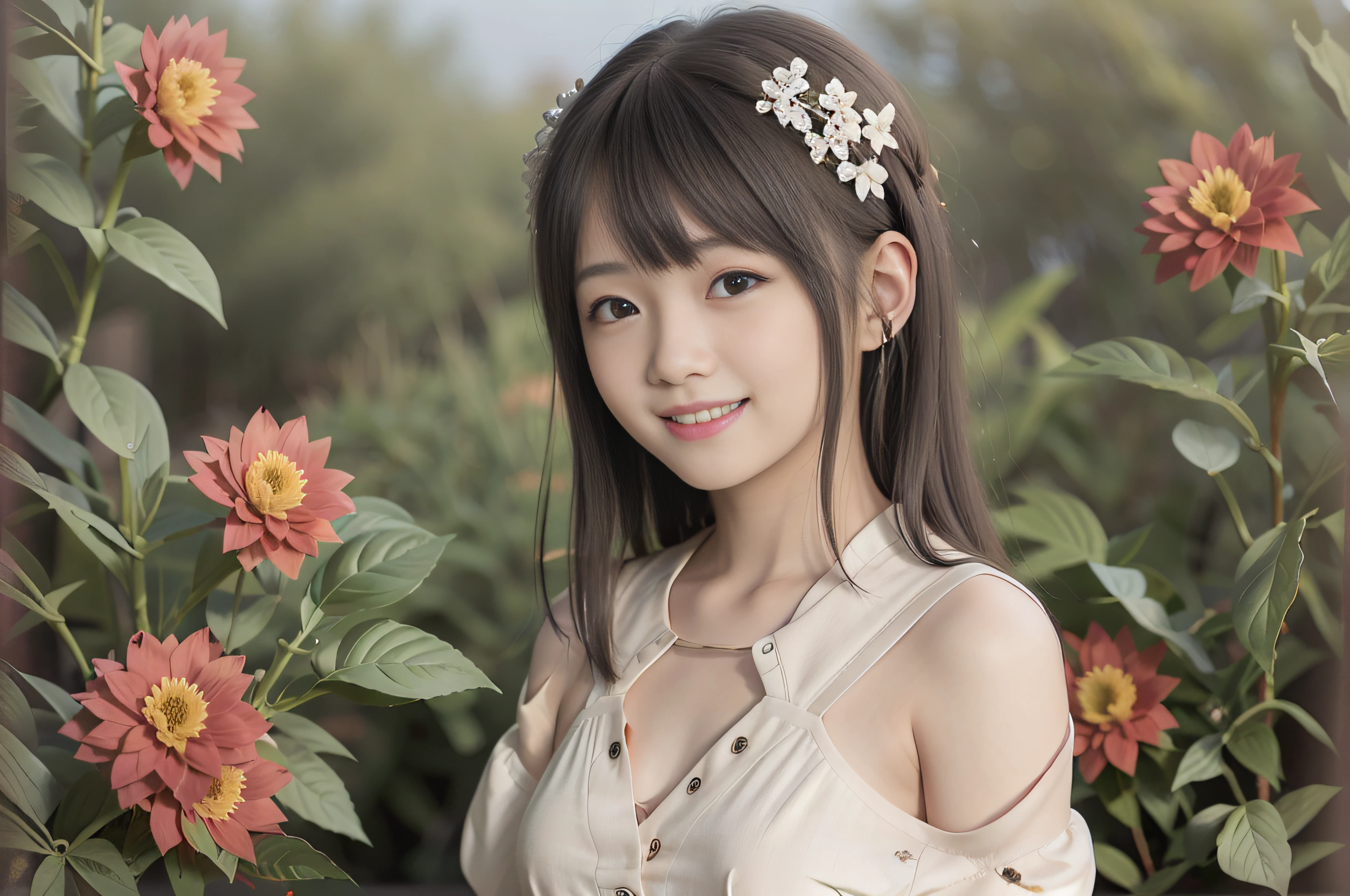 (High-definition CG unity 8K wallpapers)、(tmasterpiece)、(Top image quality)、(ultra-definition)、(Best Illustration)、(The best shadow)、(Realism:1.4)、(PureFace_V1:0.5)、Real human skin、lense flares、(natta)、back Lighting、no-makeup、Many flowers、Natural soft light、hardfocus、Deep focus、((non-blur))、(Gaze towards the viewer)、Shot from a low position、Knee Shooting、A half body、1 rapariga、18yr old、独奏、sunburnt skin、Petite and thin girl、hand behind back、thighs thin、(Very young Japan beautiful girl)、small nostrils、Healthy face、Soft lips、pale cherry colored lips、(Quite thin eyebrows: 1.4)、shiny large black eyes、Chest flat、(flatchest: 1.4)、(medium or semi-long black hair,:1.1)、(Beautiful girl with cute face:1.6)、largeeyes、(The corners of the mouth are raised:1.4)、Relaxed、sideface、Hanfu 、Chinese-style clothing、Clothes made of cotton、Clothes without luster、plump round face、Sky with beautiful details、(smile shy:1.8)、Reddening cheeks、Eyes for hollow details、Floating hair、large eyes that are symmetrical、Small protrude、hair pin、nomake-up、No shoulder-to-arm clothing、horse tailed、dual horsetail