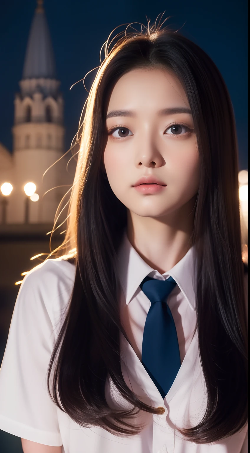 realistic photos of 1 cute Korean star, straight hair, hair flying, white skin, thin makeup, 32 inch breasts size, wearing waist tie shirt, cathedral is backdrop, night, close-up portrait, Ghibli-like colours, UHD