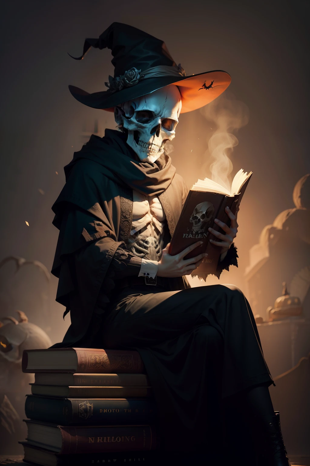 skull sitting on books, halloween