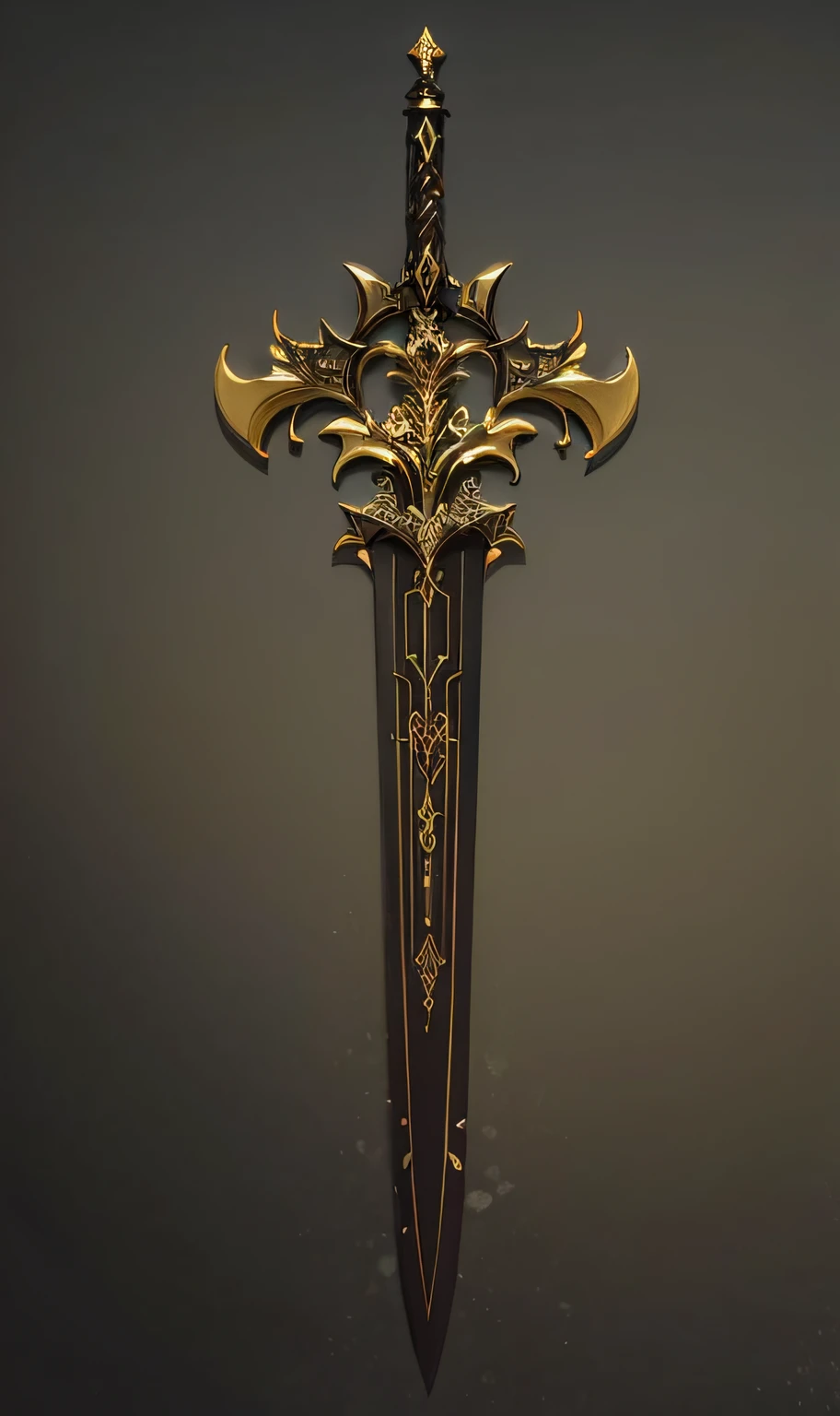 um close up de uma espada com um design dourado e preto, arma de fantasia, epic fantasy weapon art, design de espada, intricate fantasy spear, war blade weapon, espada de fantasia, Espada de fantasia de guerreiro, espada enorme, espada bonita, espada grande, Espada de Ouro, design de armas, arte da arma do RPG de fantasia,, photografia profissional,(obra prima)(Ultra realista),(Ultra Dealhado),(melhor qualidade),(Ultra Detalhado),(simetria perfeita:1.3).