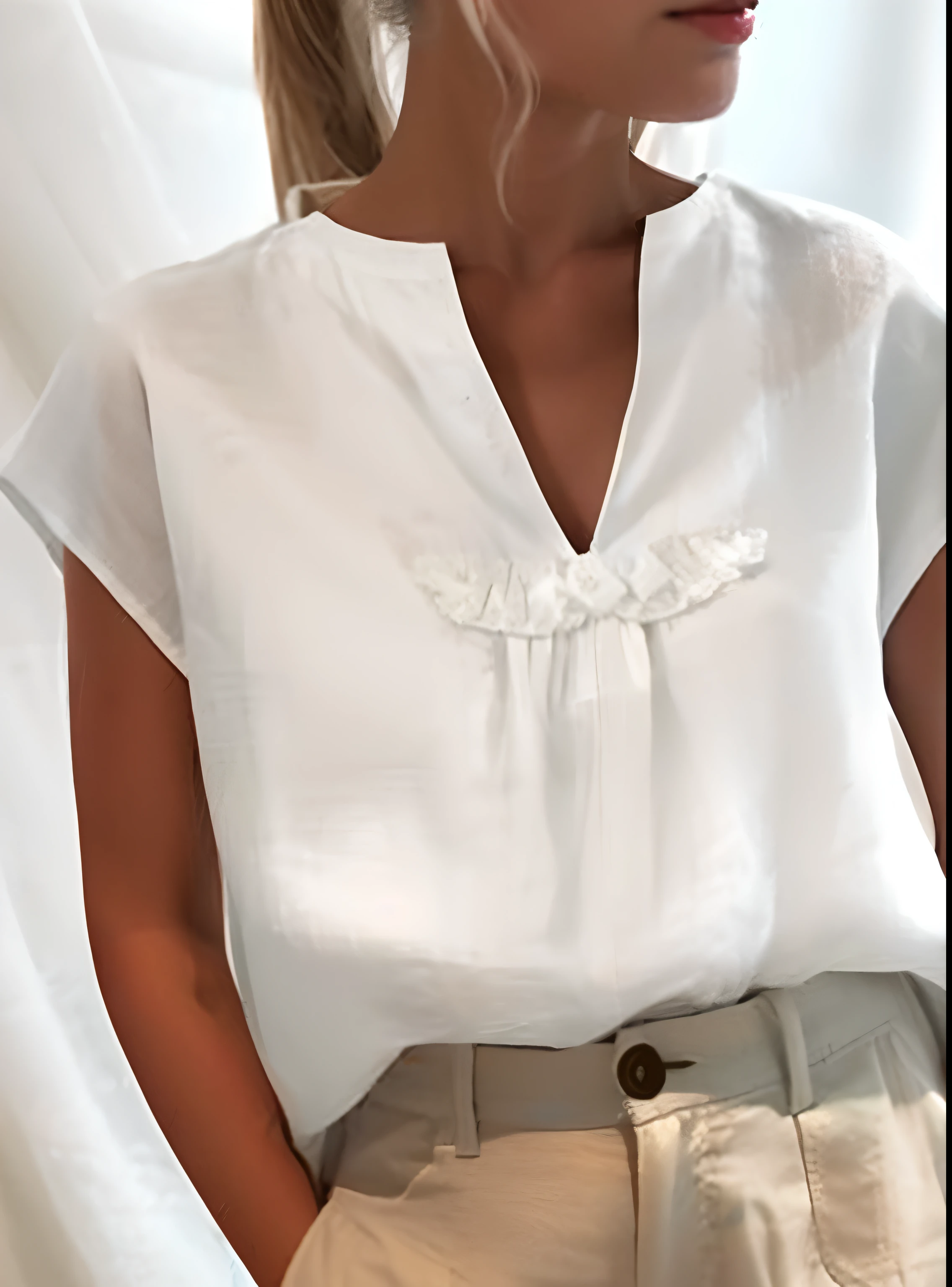 a woman wearing a white blouse and khaki shorts, Loose - blusas justas, wearing white v - neck top, mangas curtas, tampo branco, vestindo uma camisa de linho, blusa branca, camisa branca, vestindo camisa branca, tops sem mangas, summer shirt, amarrado - camisa para cima, casual white garment, vestindo uma camisa branca, wearing v - neck top, camisa enrugada branca