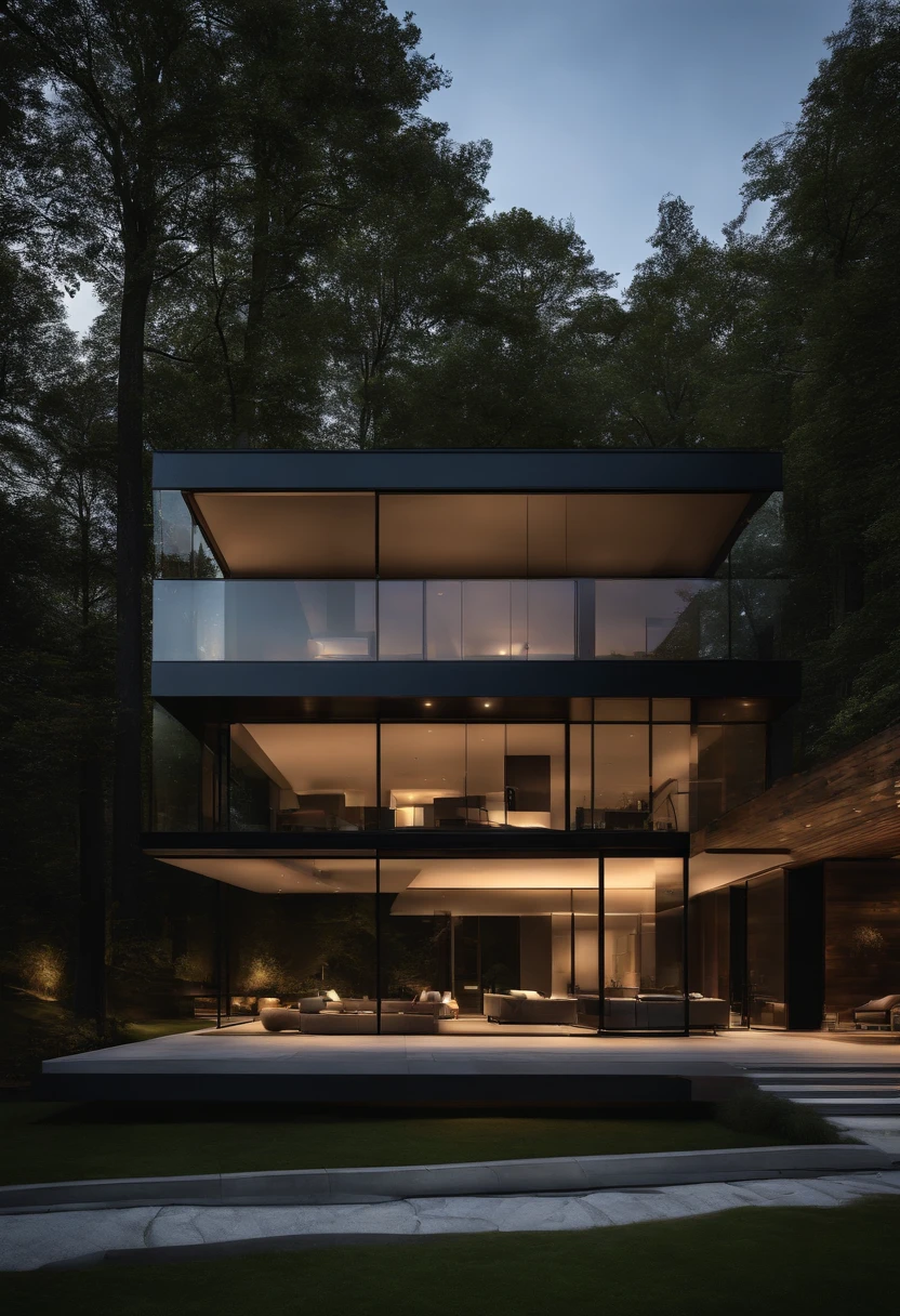 mordenhouse, house, glass house with a sloping roof, modern, dynamic (RAW photo, real, best quality, masterpiece:1.2), (hyper realistic, photo-realistic:1.2), high quality, (dark lighting:1.2), perfect lighting, archdaily