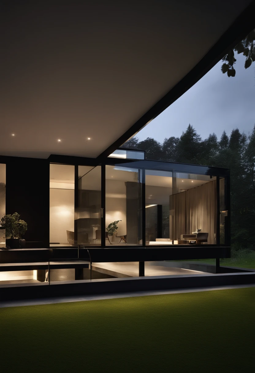 mordenhouse, house, glass house with a sloping roof, modern, dynamic (RAW photo, real, best quality, masterpiece:1.2), (hyper realistic, photo-realistic:1.2), high quality, (dark lighting:1.2), perfect lighting, archdaily
