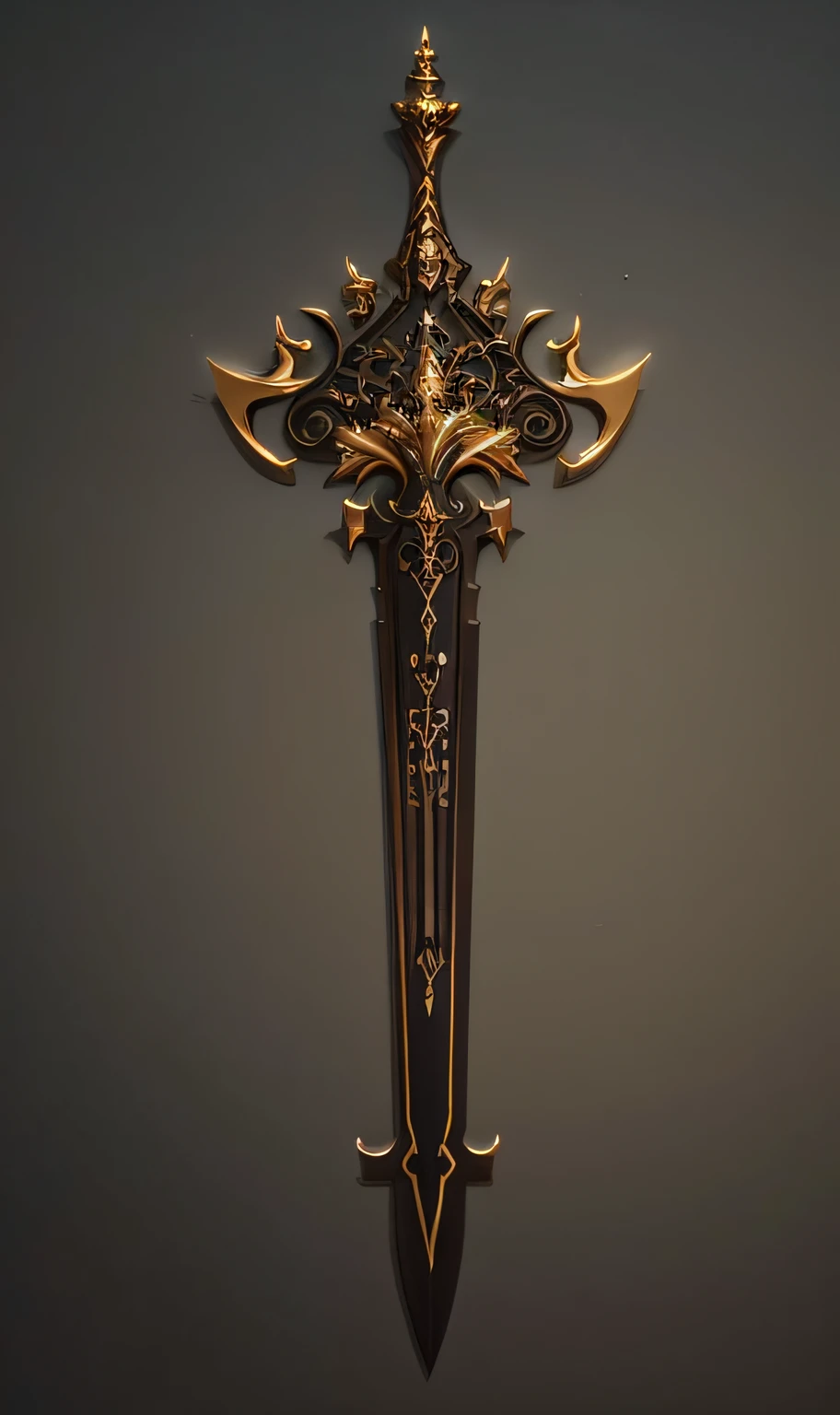 um close up de uma espada com um design dourado e preto, arma de fantasia, epic fantasy weapon art, design de espada, intricate fantasy spear, war blade weapon, espada de fantasia,  Espada de fantasia de guerreiro, espada enorme, espada bonita, espada grande, Espada de Ouro, design de armas, arte da arma do RPG de fantasia,, photografia profissional,(obra prima)(Ultra realista),(Ultra Dealhado),(melhor qualidade),(Ultra Detalhado),(simetria perfeita:1.3).