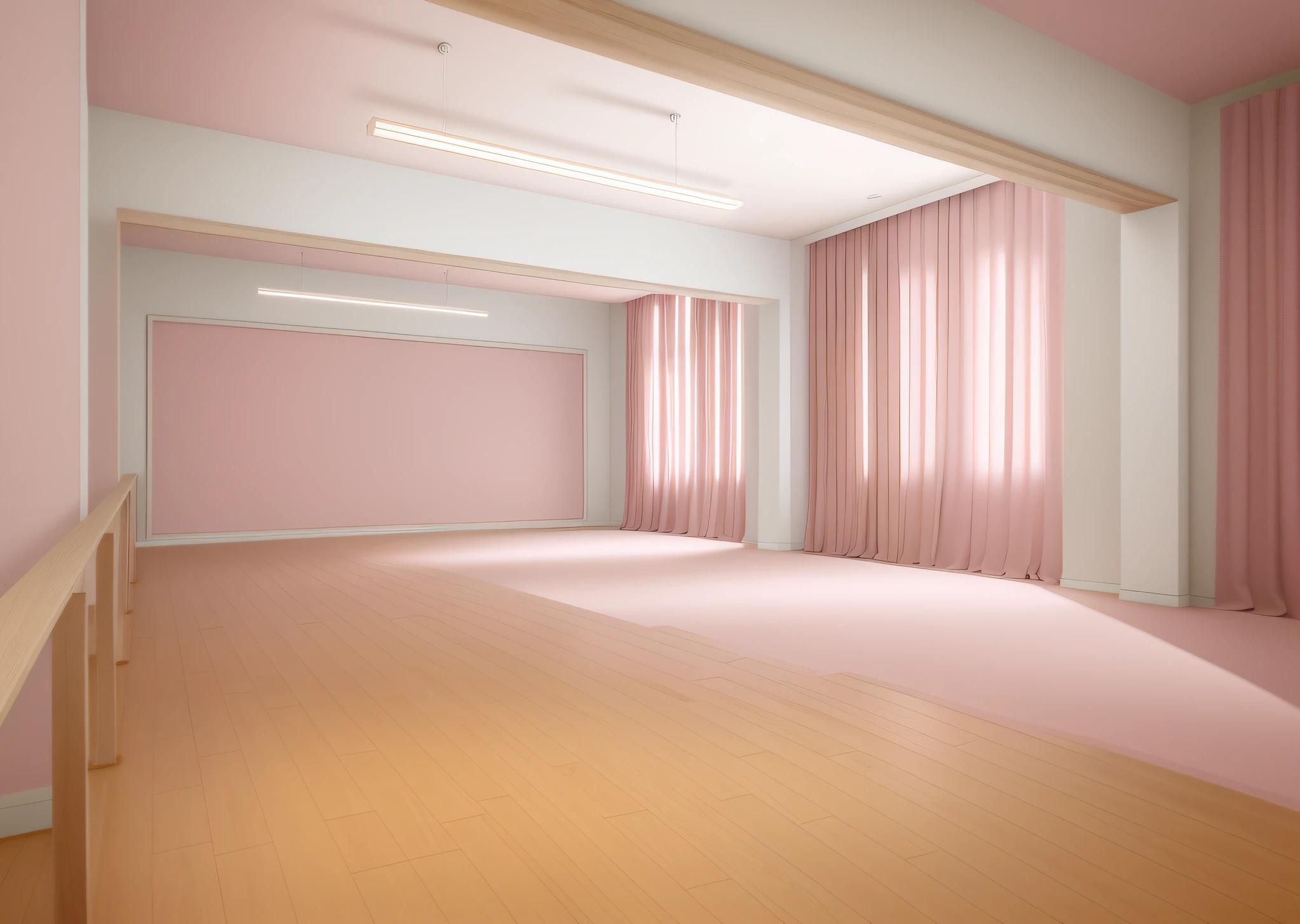 tmasterpiece，best qualtiy，A body yoga room，Wooden floors，Wooden baseboards，Wooden handrails，Pink gray curtains，White walls，A large mirror on the wall，hanging lights，Sense of ambience in the interior