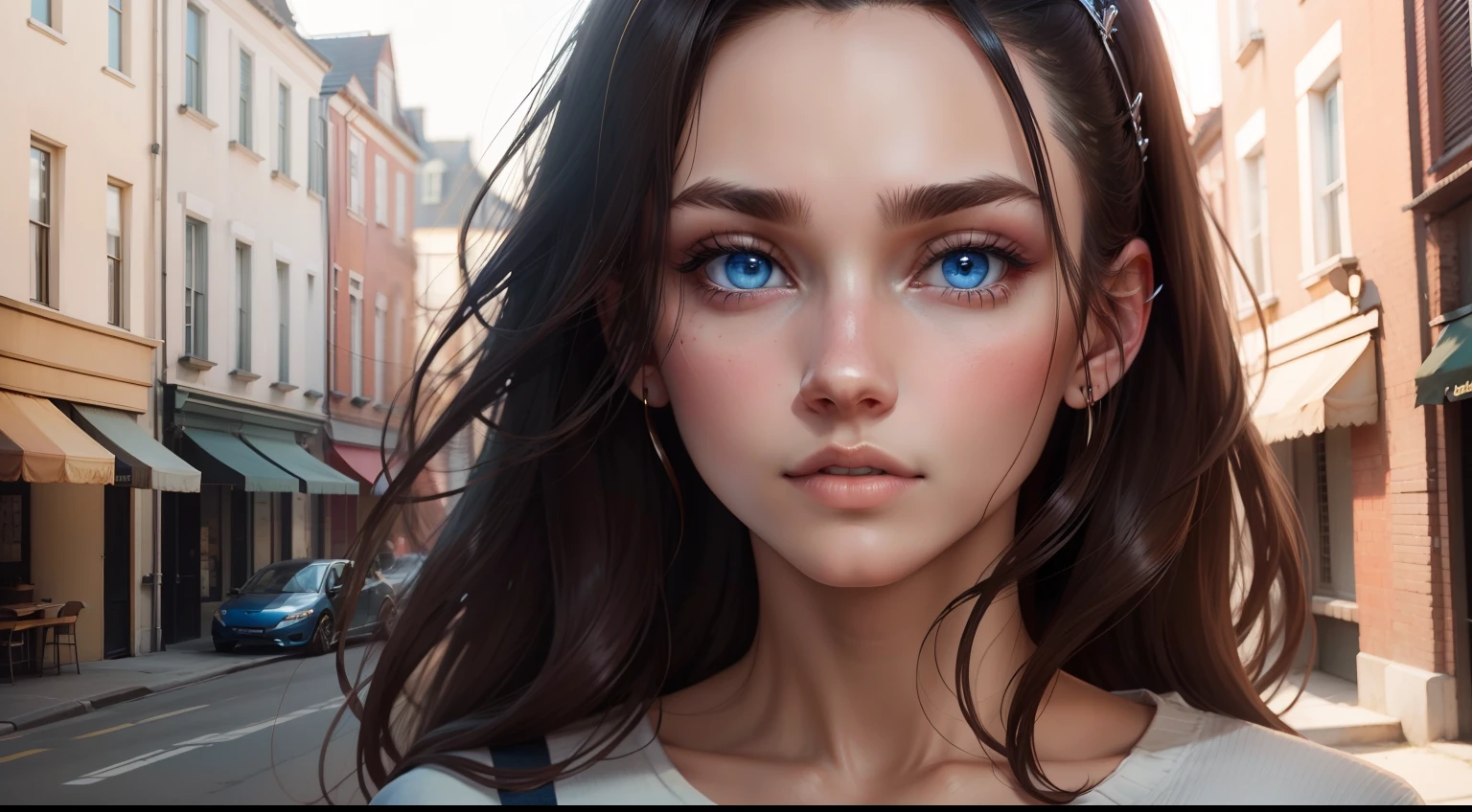 Need,brunette color hair,Blue eyes,Face,The upper part of the body,Hairline,Fair skin，The shirt，East Facade