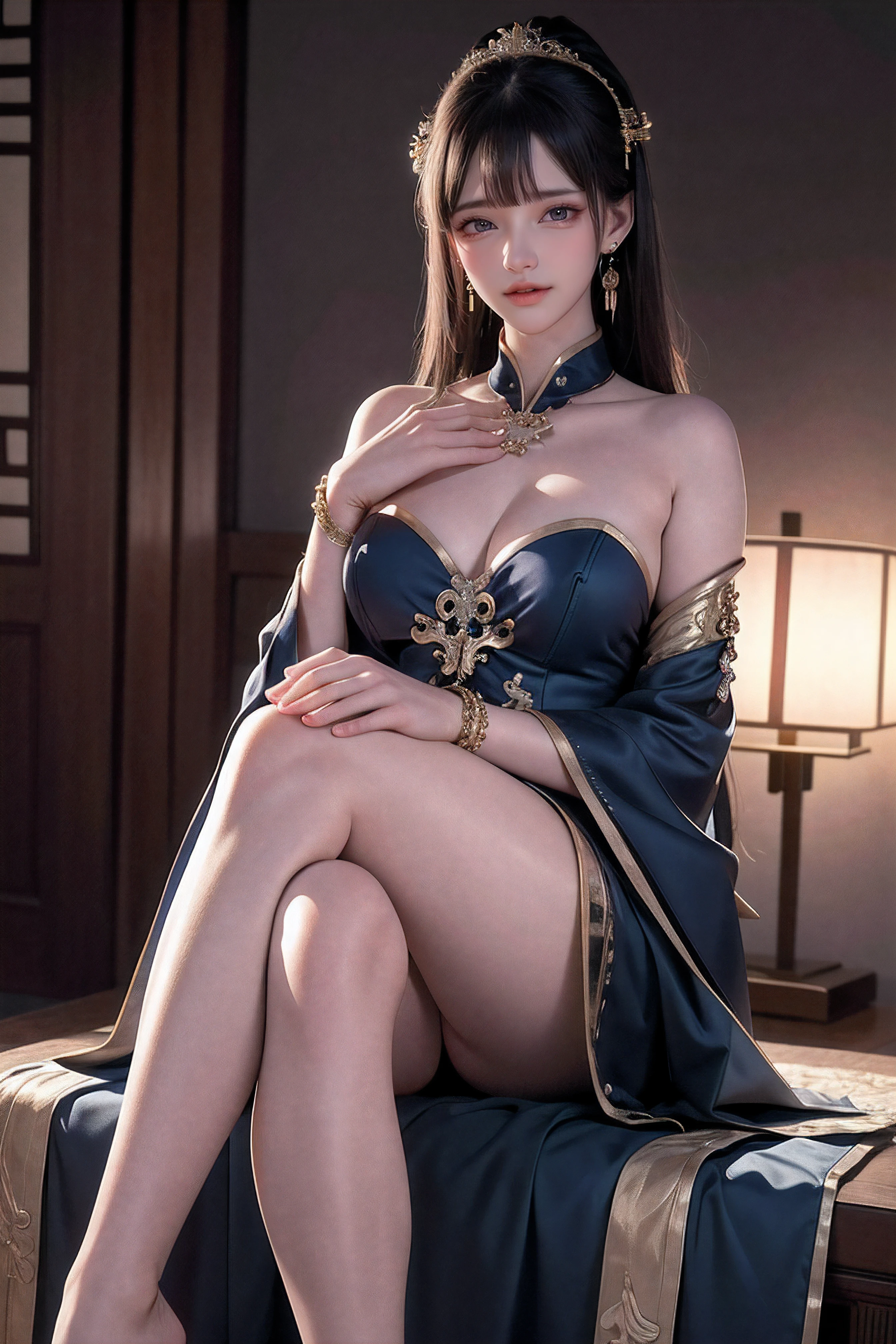 (8k, RAW photo, best quality, masterpiece:1.2),(realistic, photo-realistic:1.37),photo mapping,professional lighting,radiosity,1girl,solo,long_hair,(bracelet:1.1),(long legs:1.2),(earrings:1.1),physically-based rendering,proscenium,performance,be seated,Chinese dress,dark blue and gold dress,shinny dress,Correct hands,hands on legs,