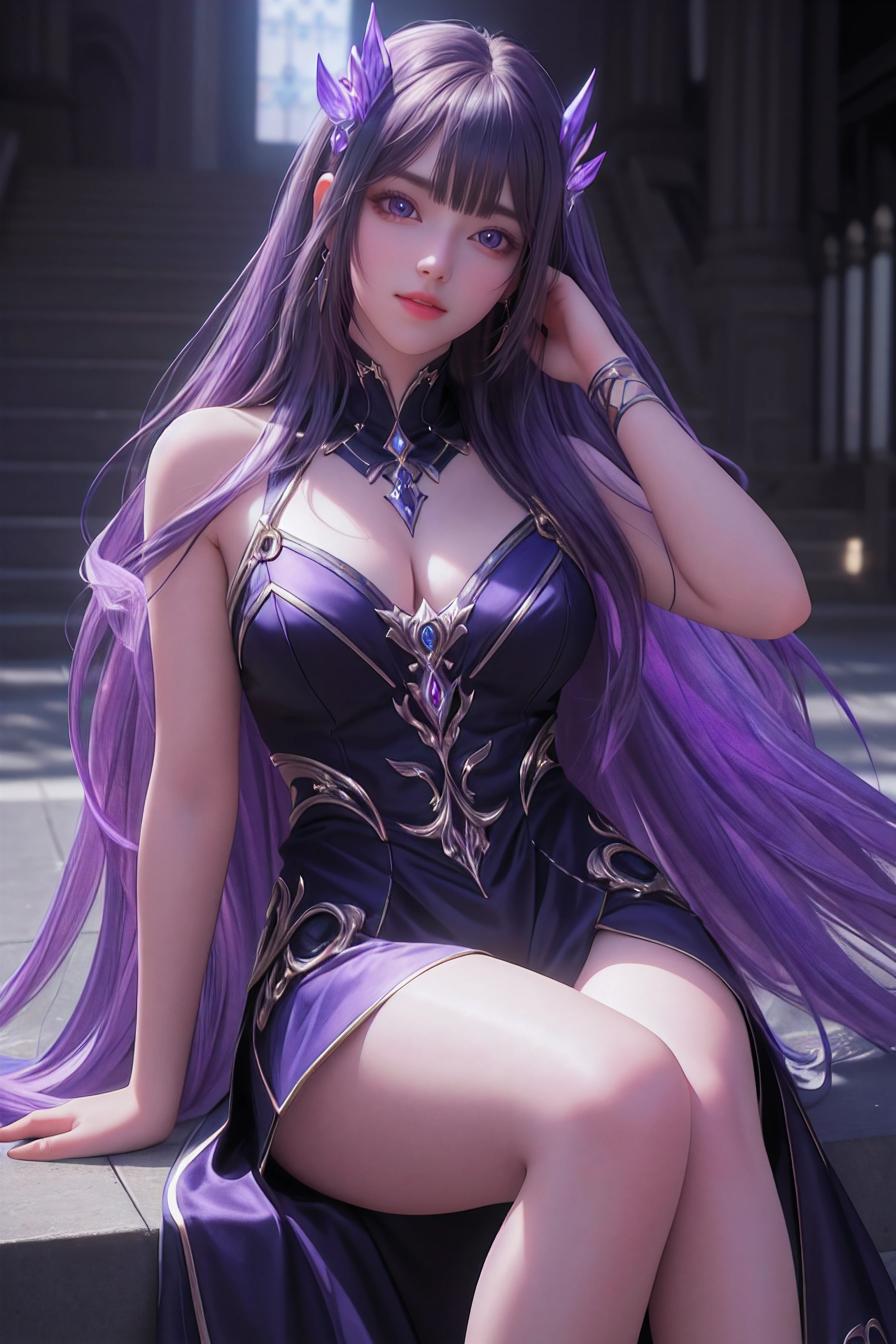 (8k, RAW photo, best quality, masterpiece:1.2),(realistic, photo-realistic:1.37),photo mapping,professional lighting,radiosity,KDA,Super beautiful big glowing eyes,Best Quality, 1girl,Solo,Long hair,Dress,hysically-based rendering,proscenium,performance,be seated,