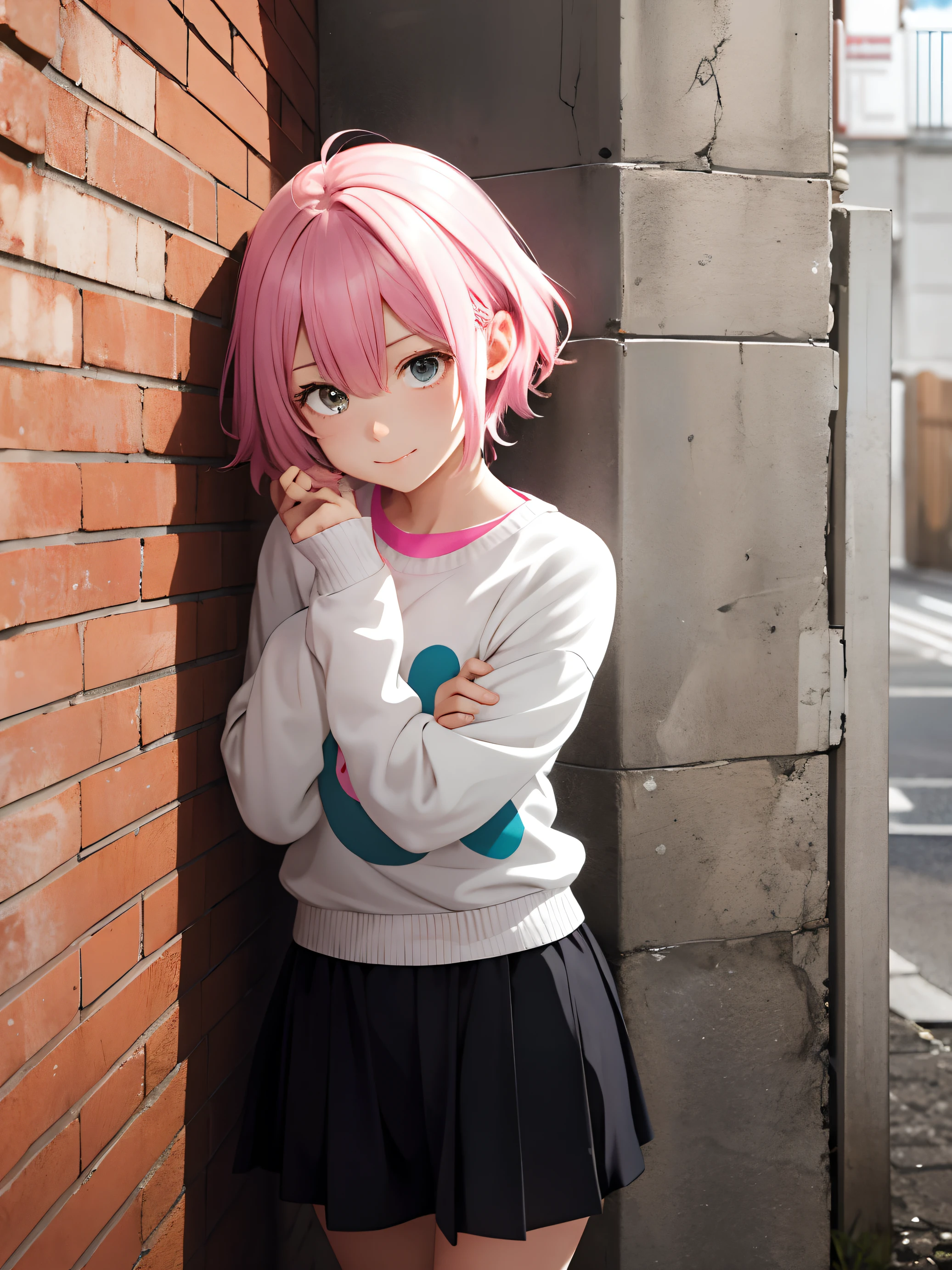 Super cute girl with pink hair forced into a corner with a shy expression