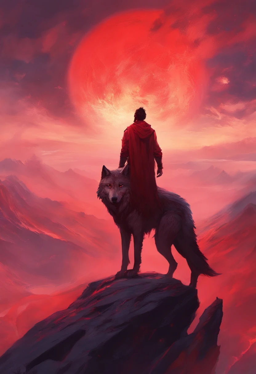 a man is on top of a mountain looking at a large monster wolf with red mists in his feathers